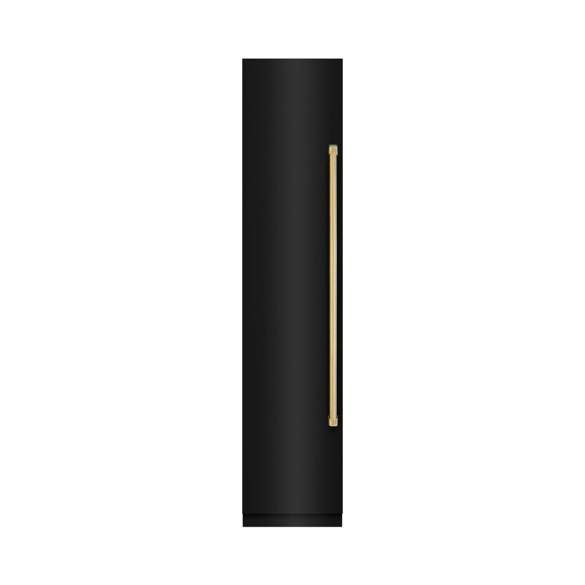 Black stainless freezer side view with polished gold left-hinge handle