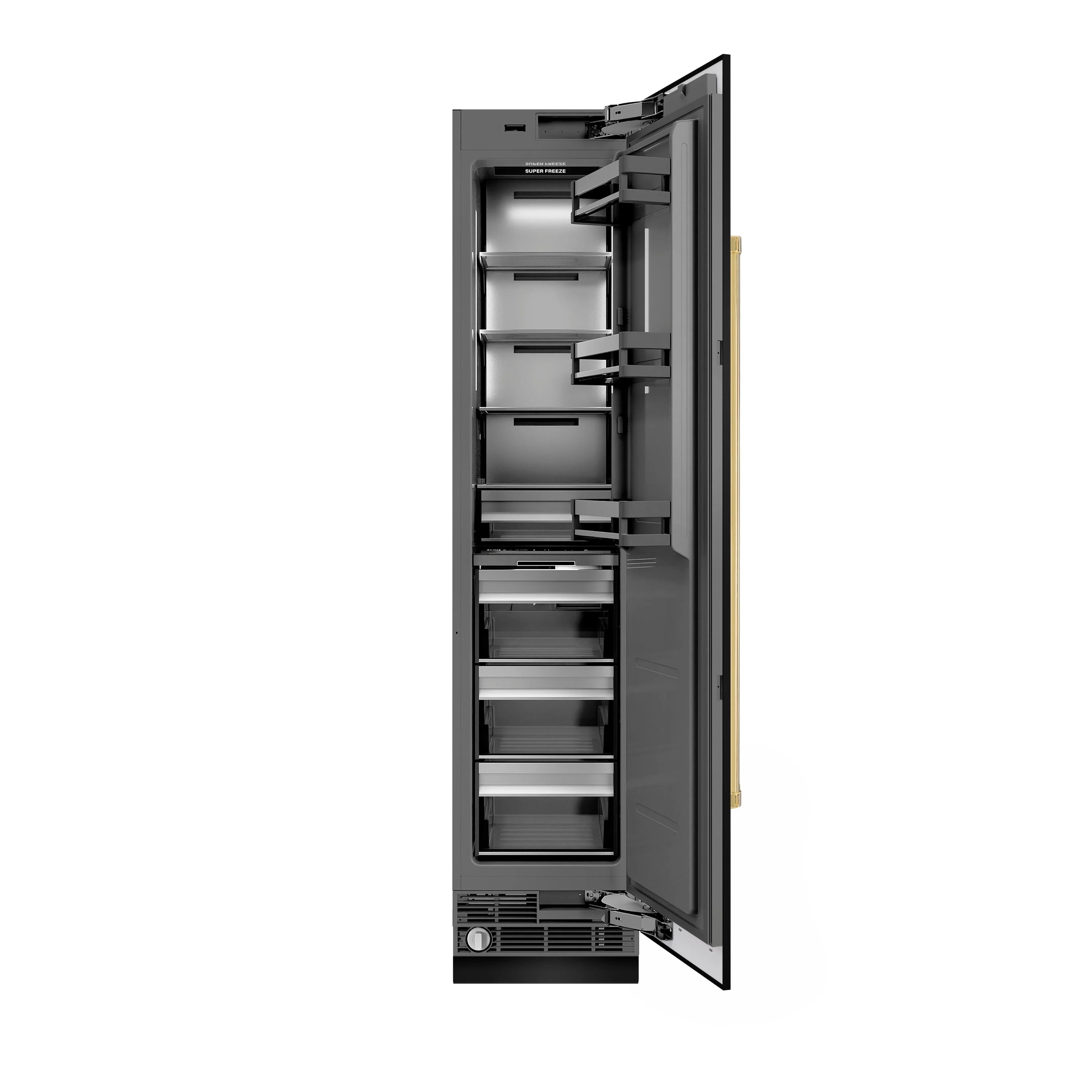 Right-hinged column freezer interior view with stacked shelves and drawer bins in place