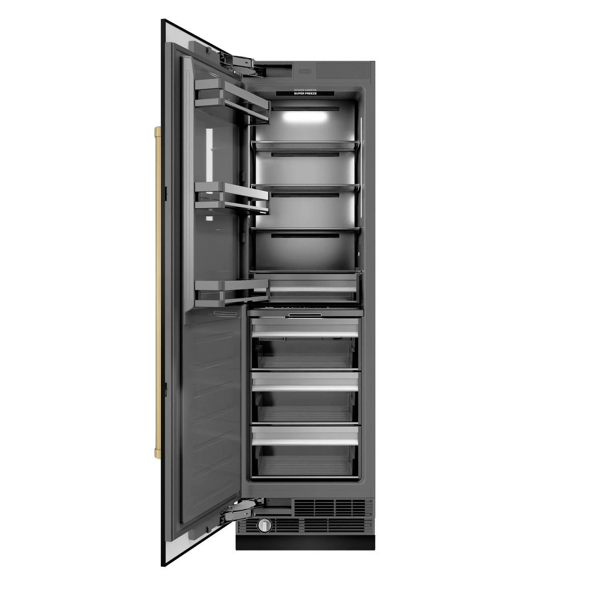Open black stainless column freezer showing stacked shelves and bins