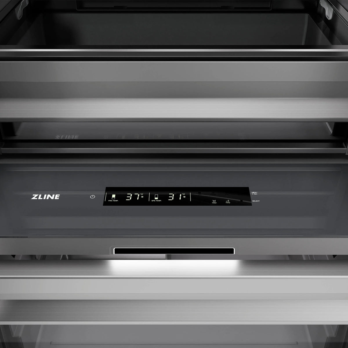 Close-up of black stainless steel digital display and front drawer area