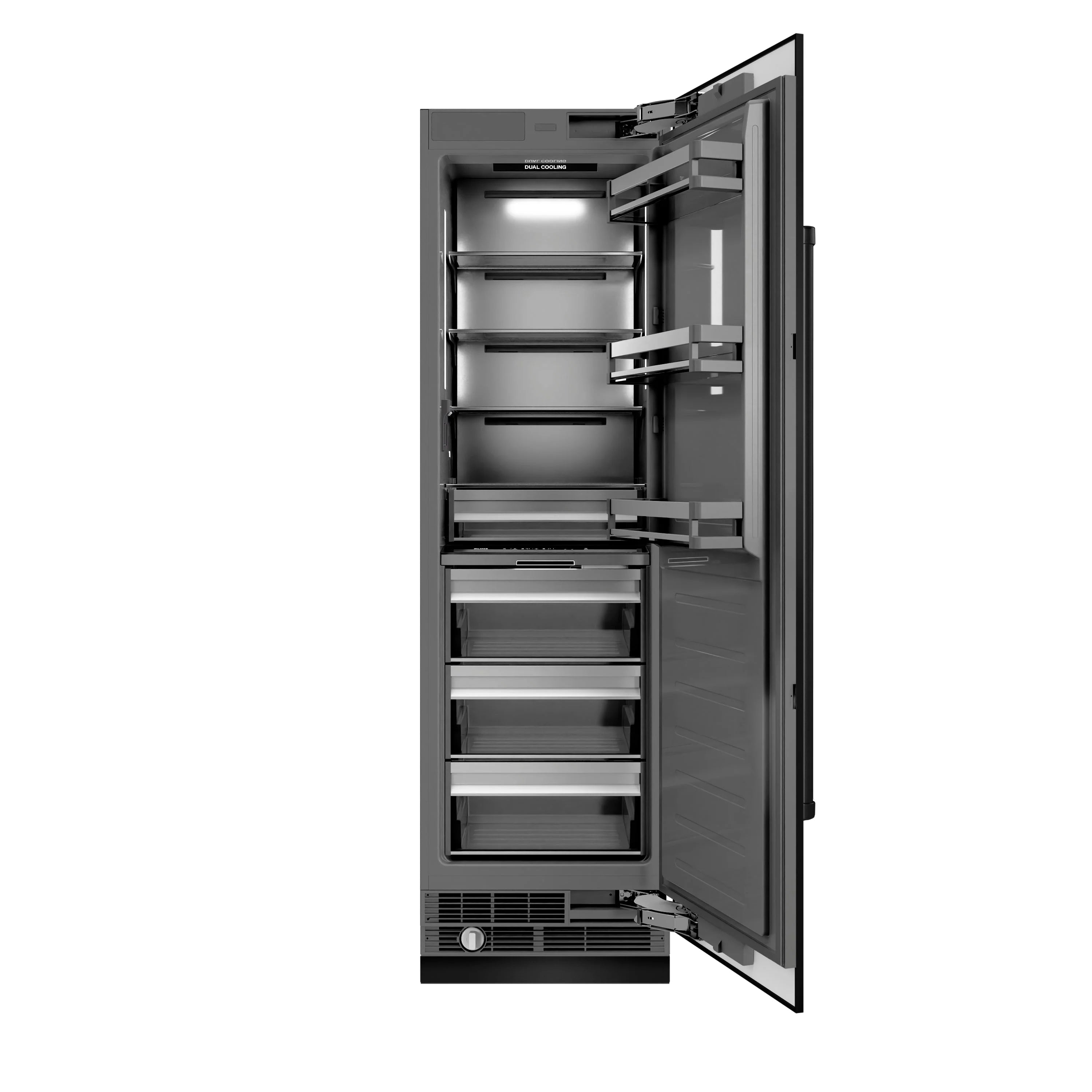 Black stainless steel column refrigerator open door showing adjustable interior shelves