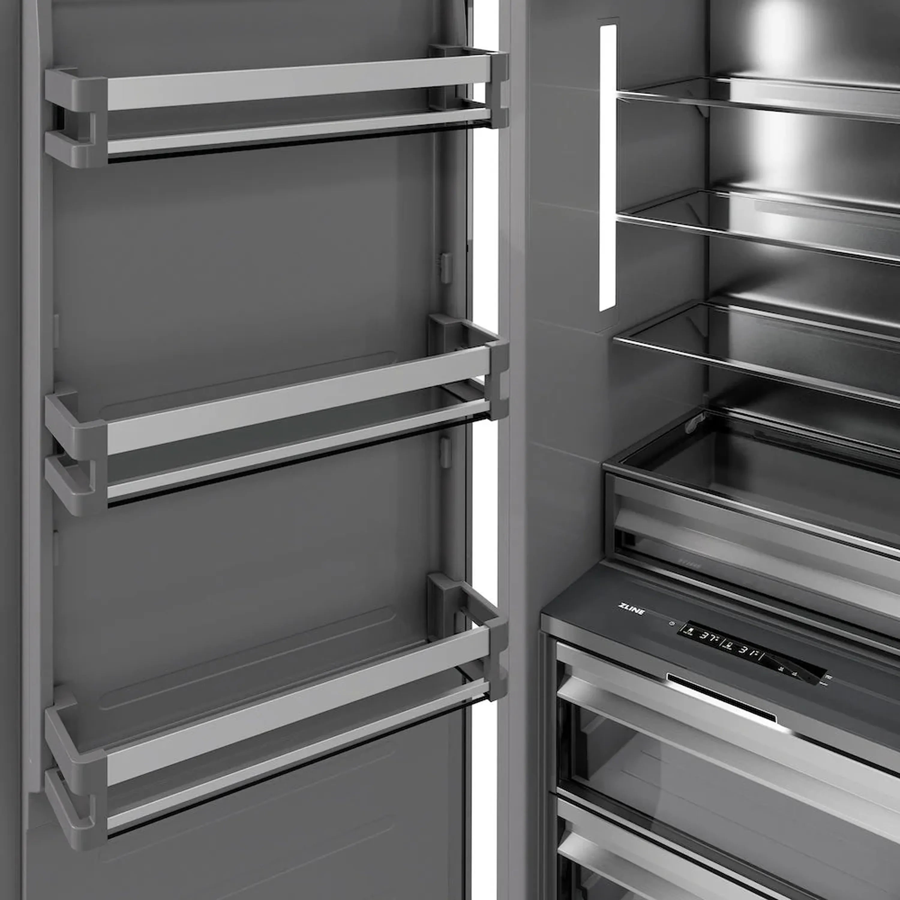 Column refrigerator interior with pull-out shelves and dual compartments