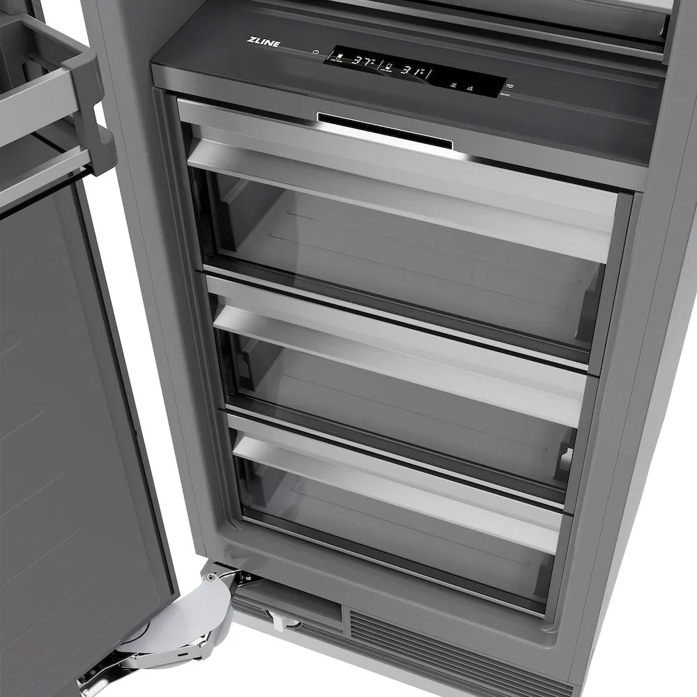 ZLINE column refrigerator-freezer open, showing interior drawers and touch control display.