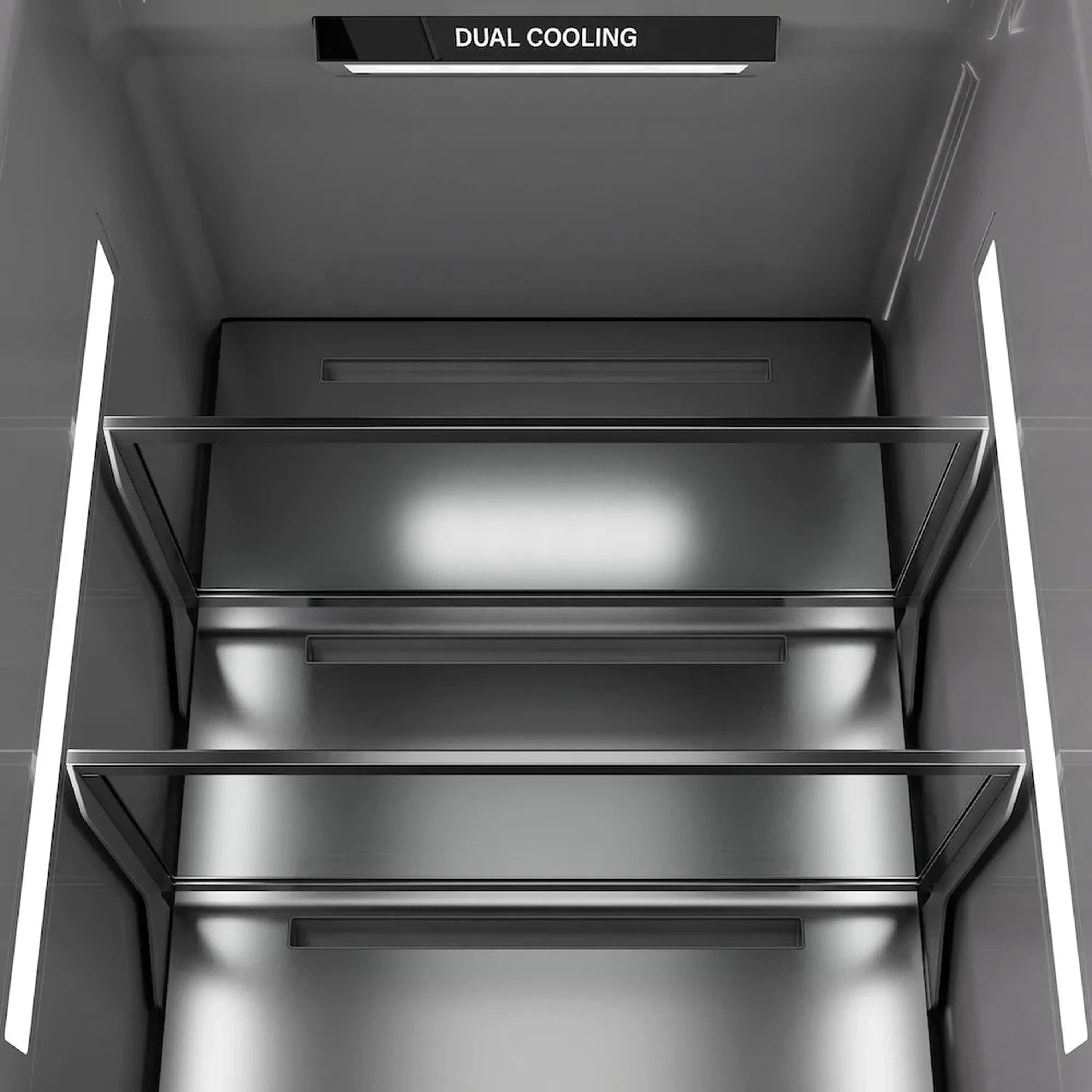 Open column refrigerator with dual cooling top and bottom compartments