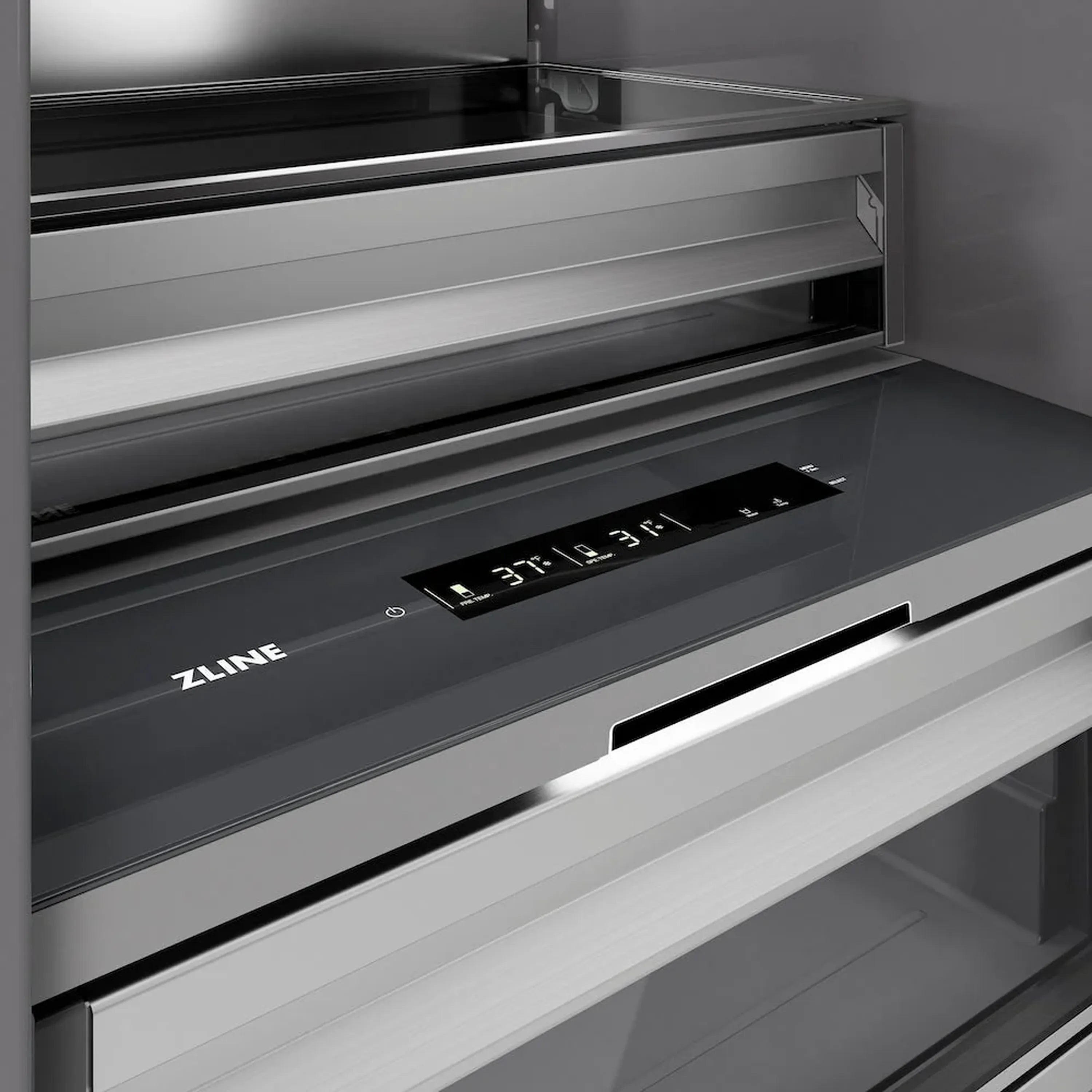 Black stainless column refrigerator control panel with display and ZLINE logo