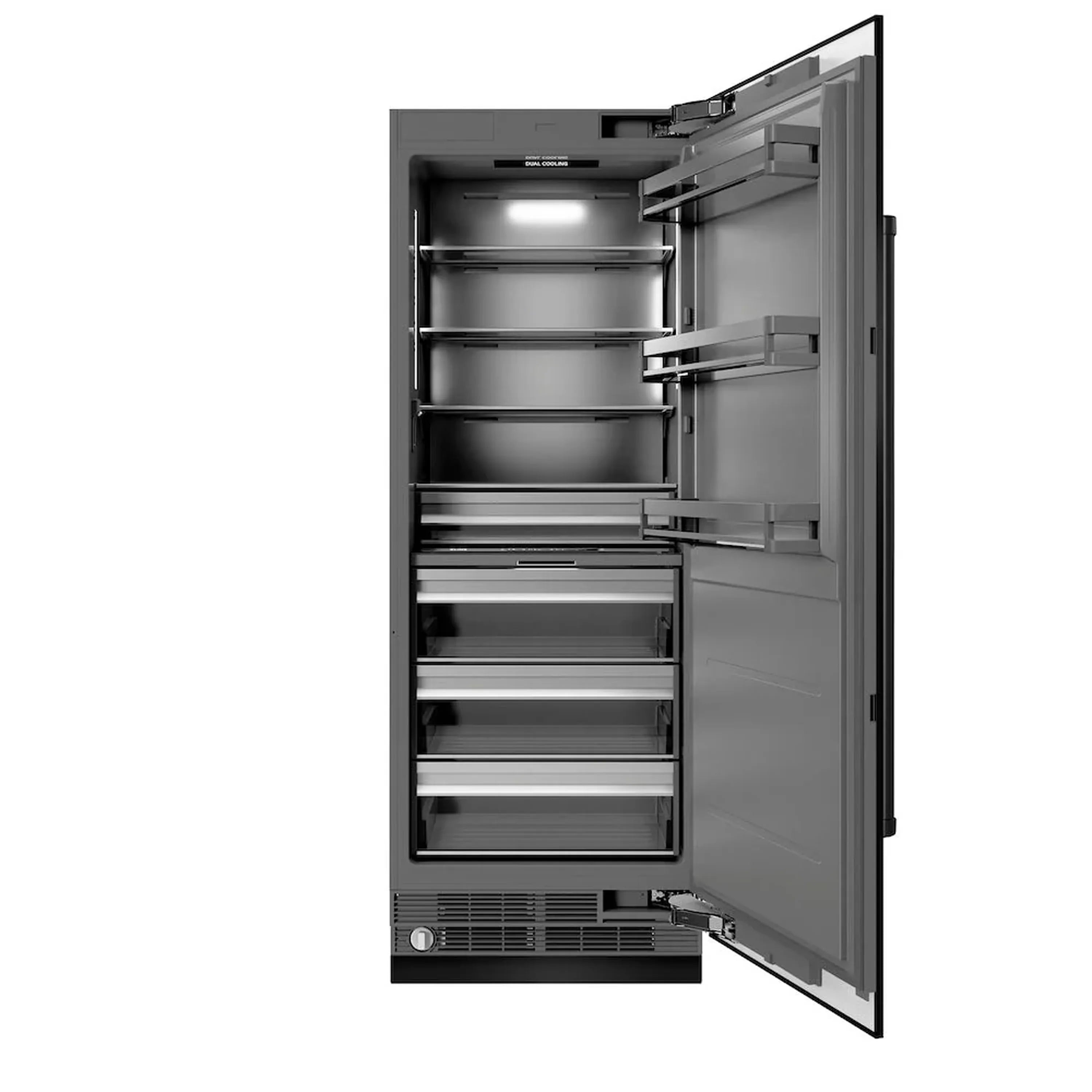 Open black stainless column refrigerator showing wire shelves and drawers