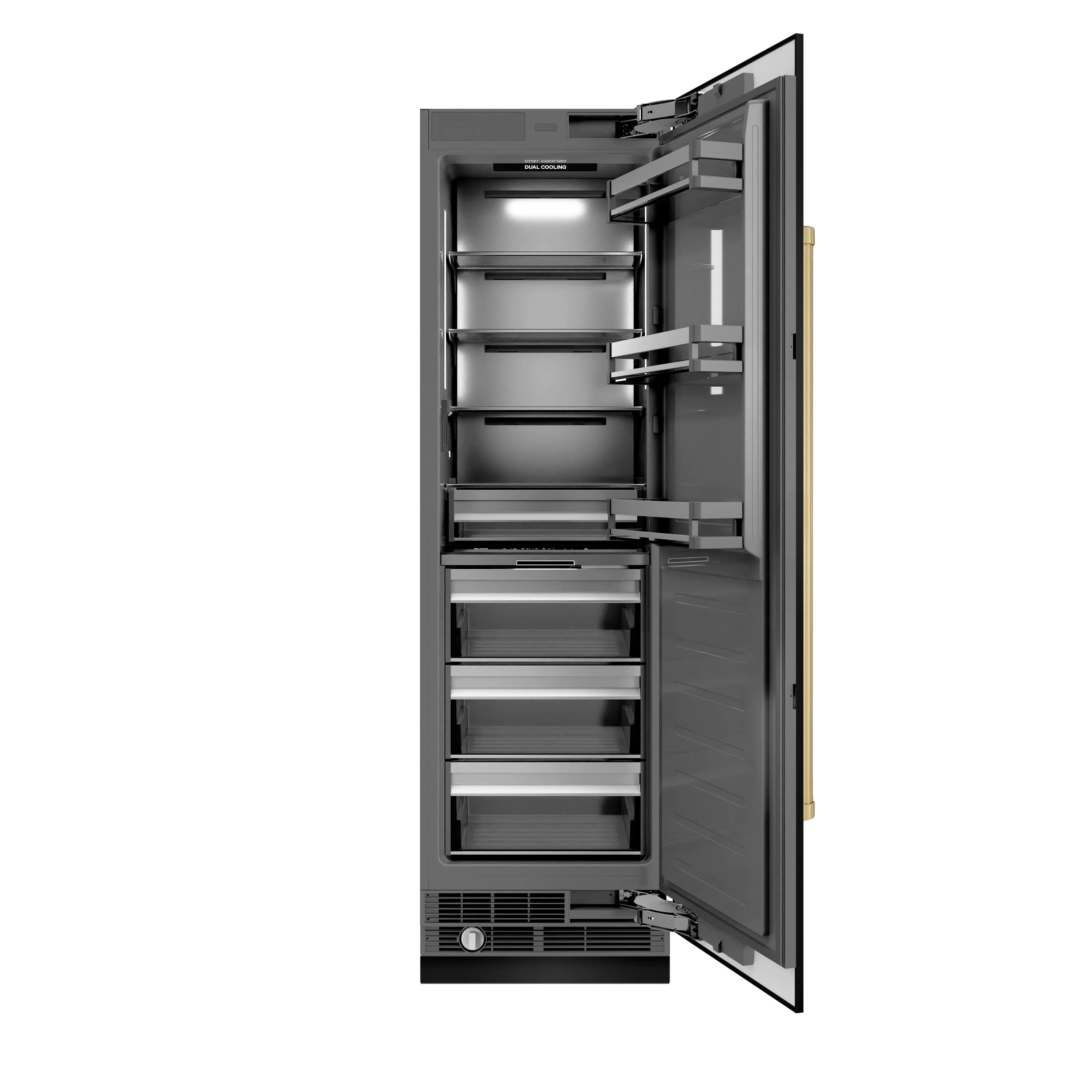 Black stainless column refrigerator with door open showing pull-out bins and racks