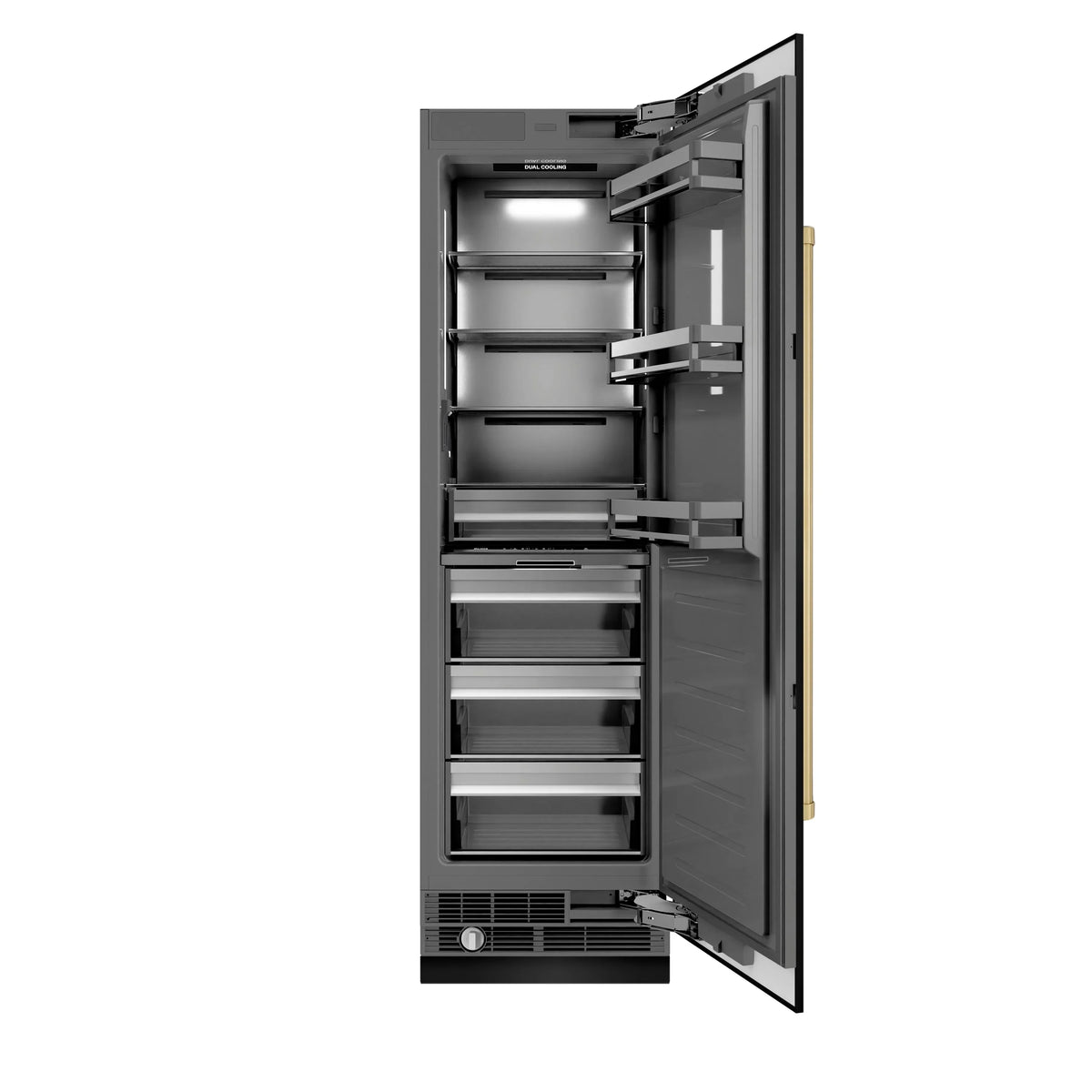 Black stainless column refrigerator-freezer with open door and visible interior shelves