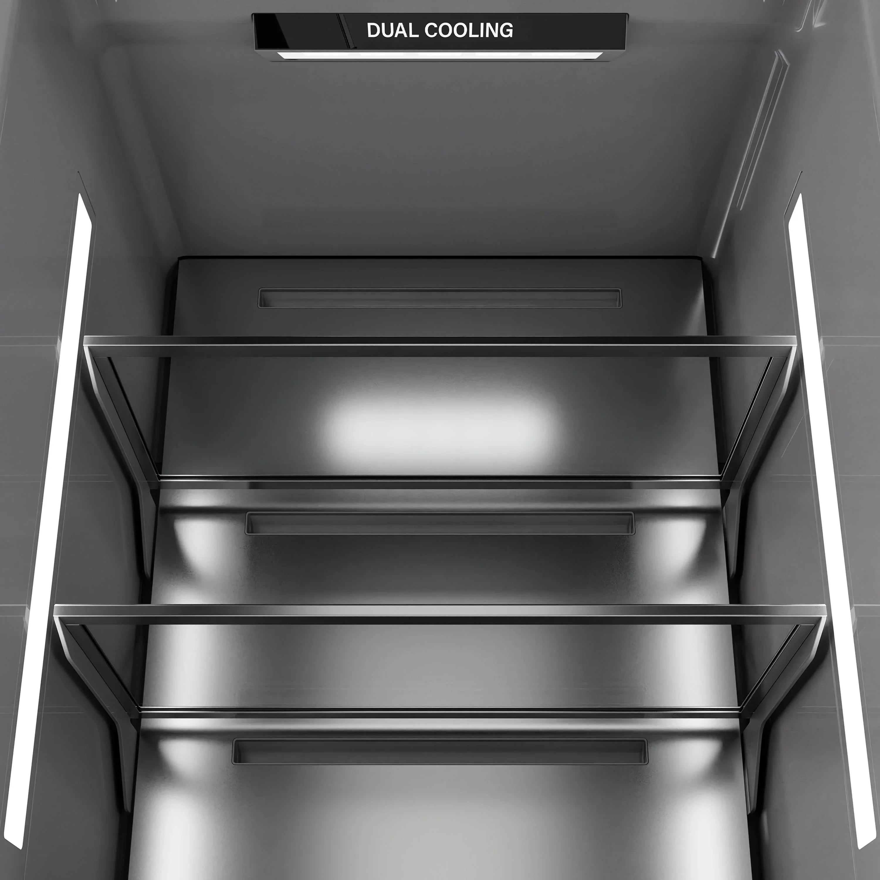 Refrigerator interior with two illuminated compartments and pull-out drawers, black