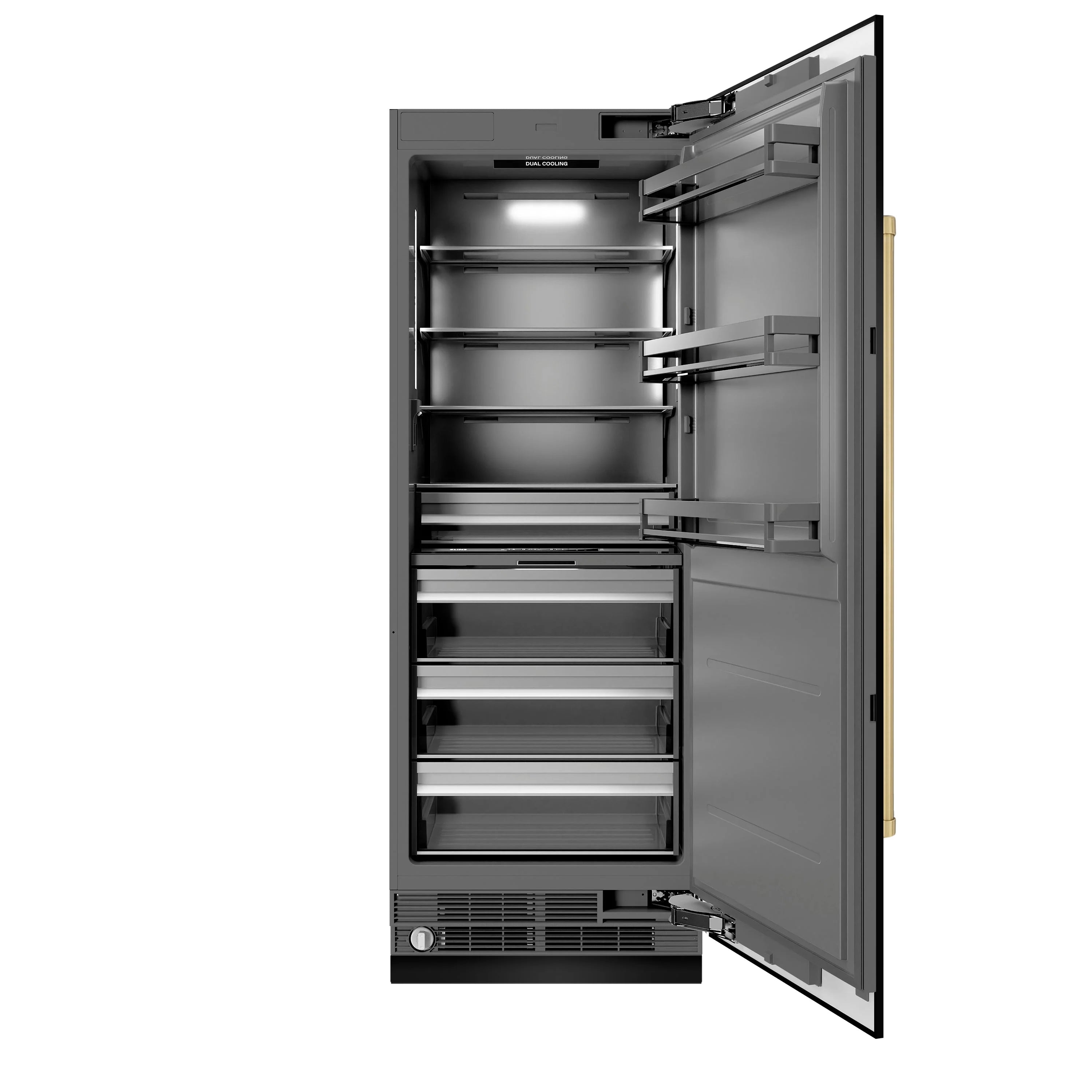 ZLINE black stainless column refrigerator with door open, shelves, drawers, and champagne bronze handle