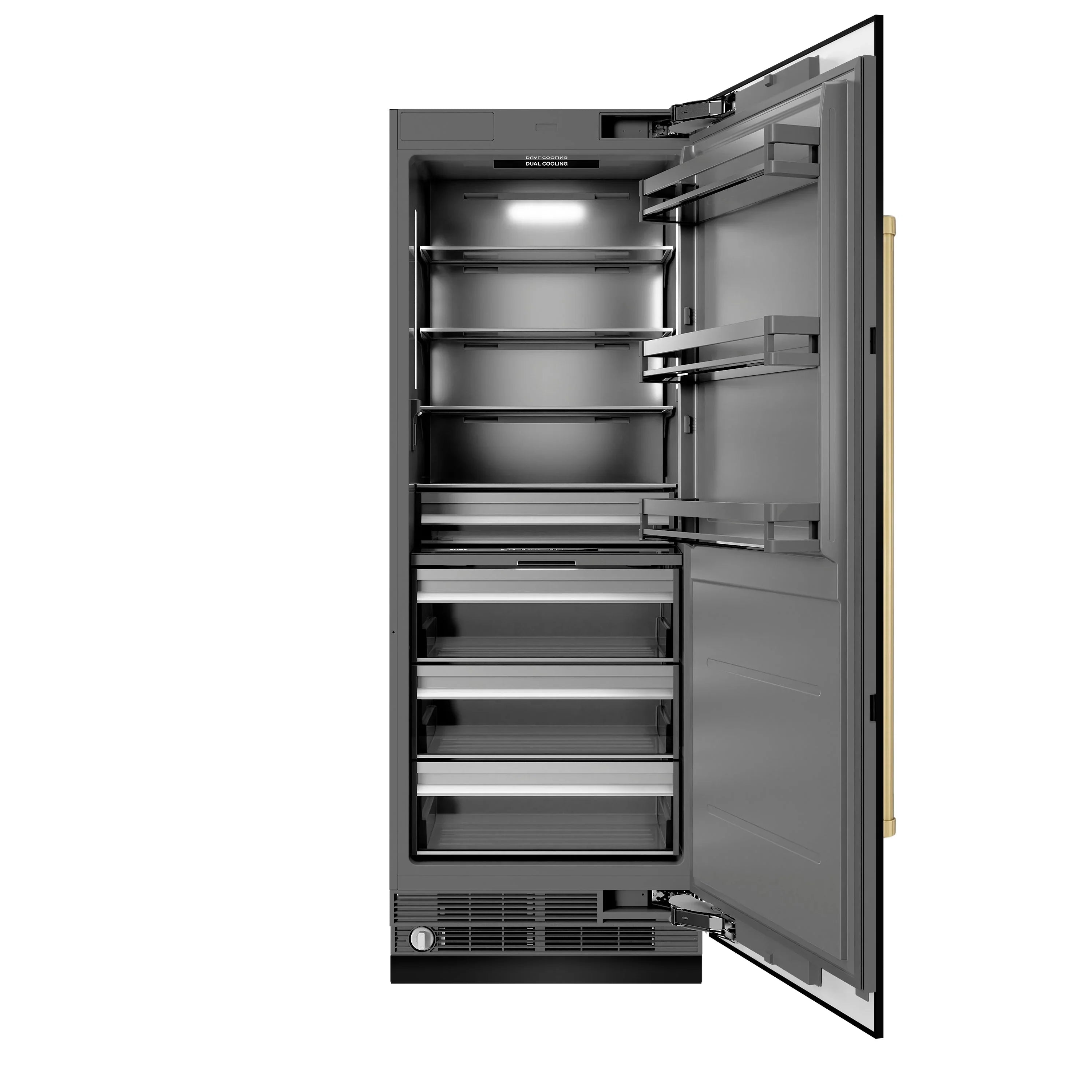 Refrigerator-freezer with open door, glass shelves, and interior lighting