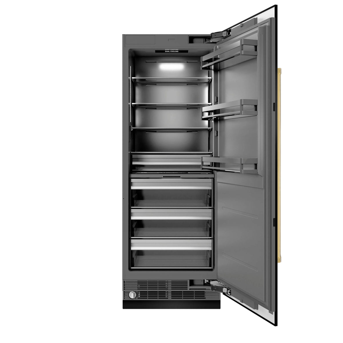 Black stainless column refrigerator open door showing multi-shelf interior and drawers