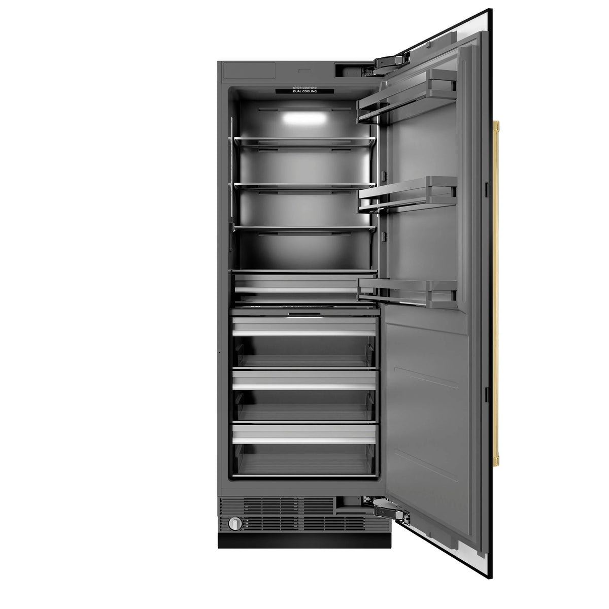 Open black stainless refrigerator and freezer column with interior shelves and drawers