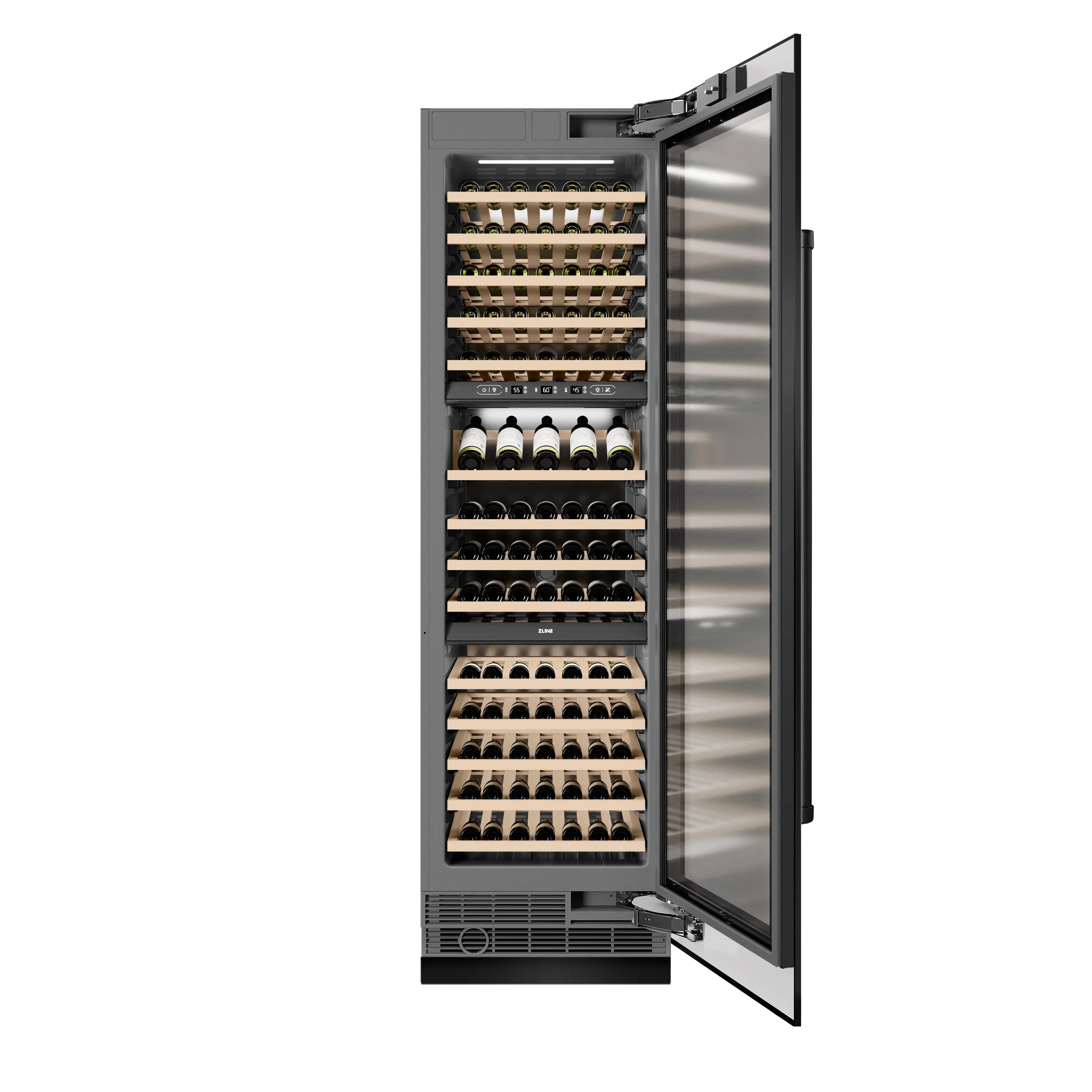 Black stainless wine cooler open door showing birch wood racks with wine bottles