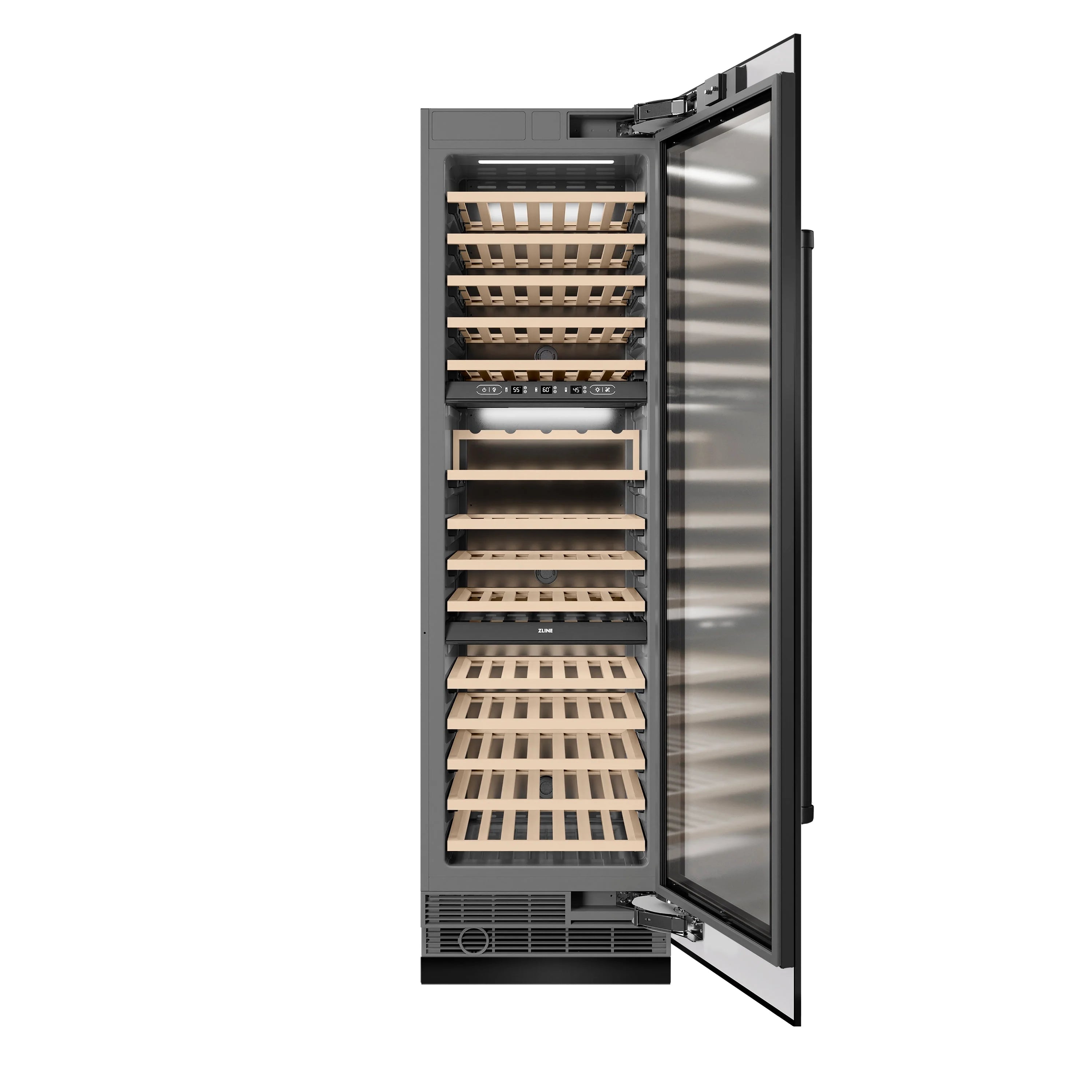 Black stainless wine cooler with open door and birch wood wine racks inside