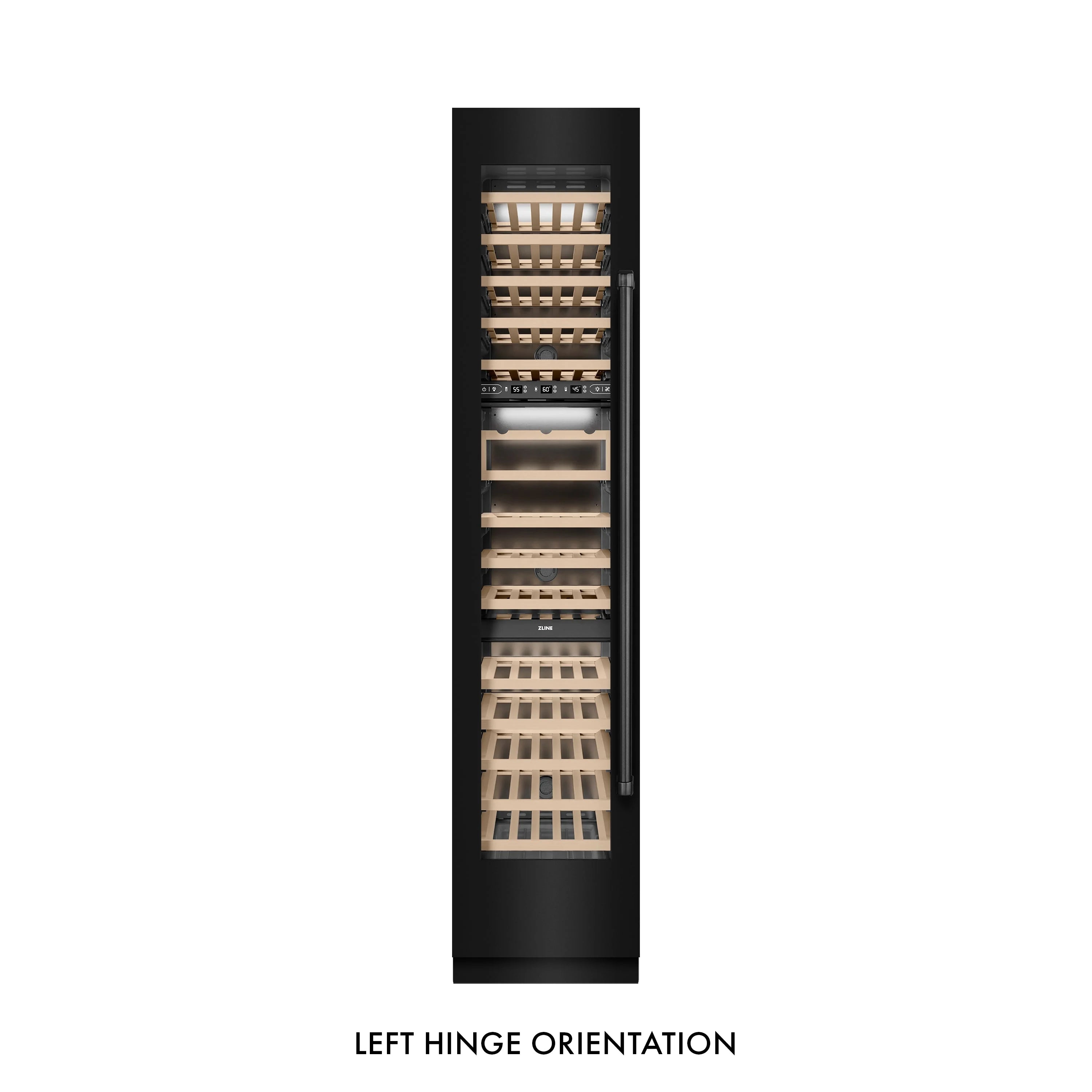 Black stainless steel triple-zone wine cooler, open left-hinge door with wood racks