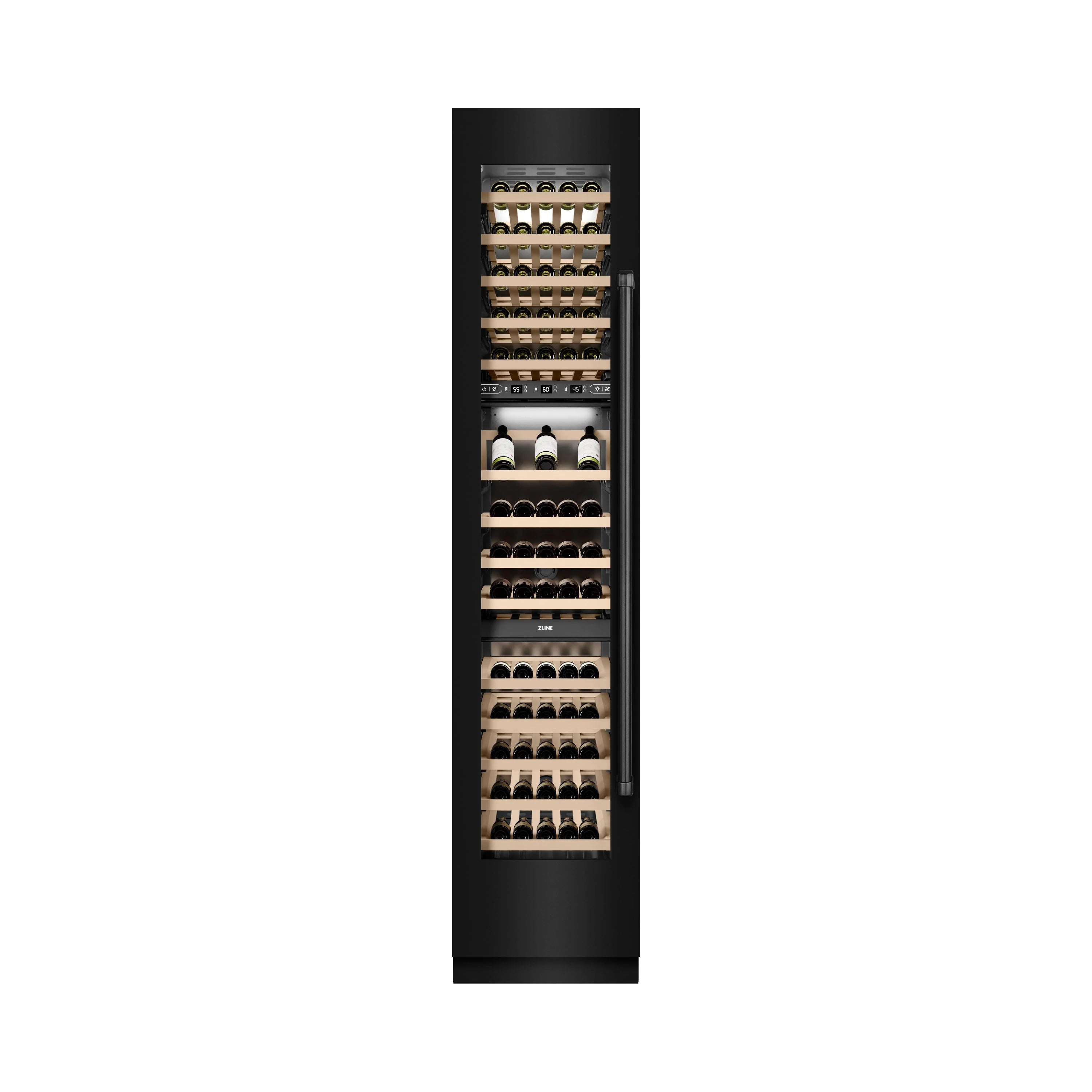 Black stainless steel wine cooler with bottles on wood racks, door open
