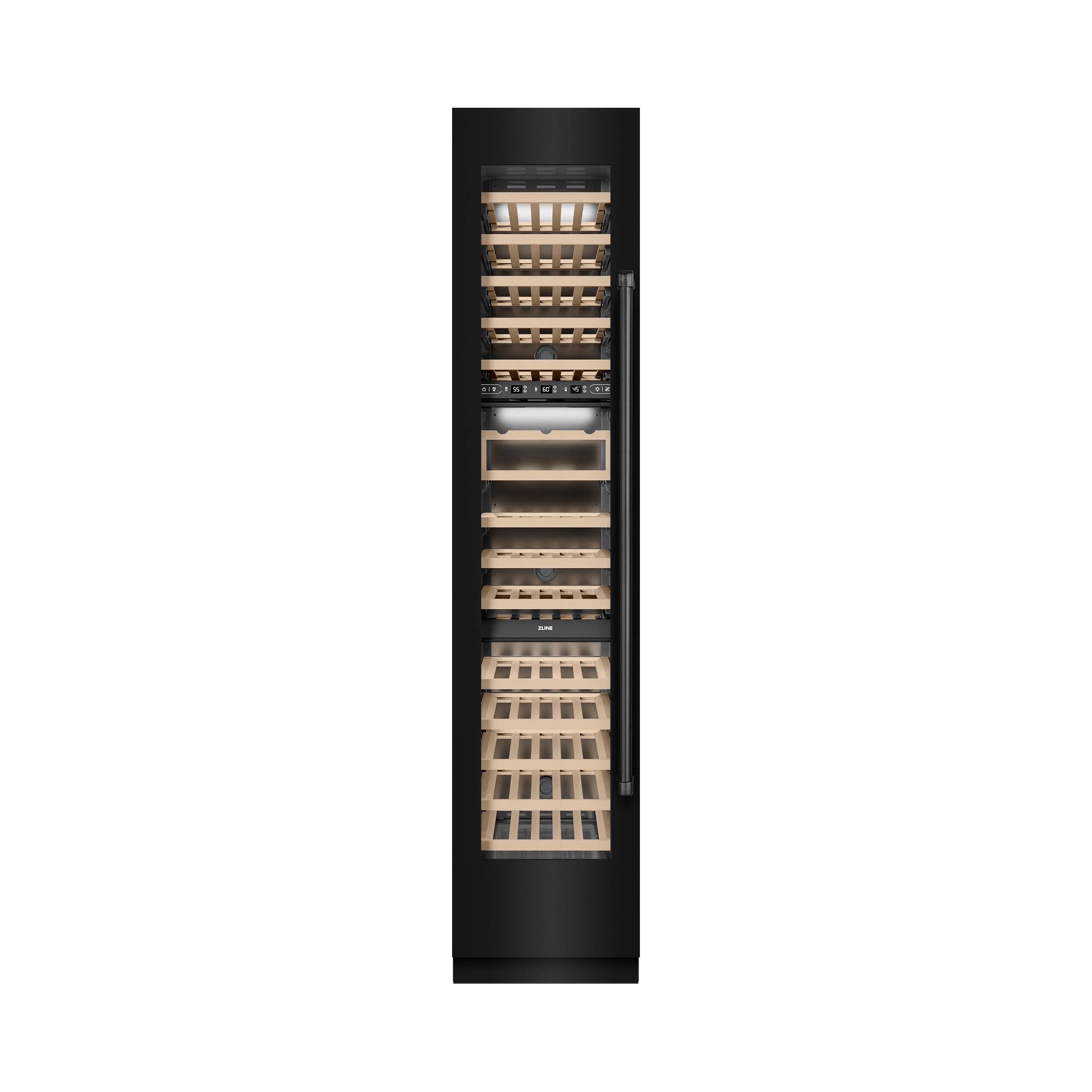 Black stainless steel wine cooler with open door and wood wine racks inside