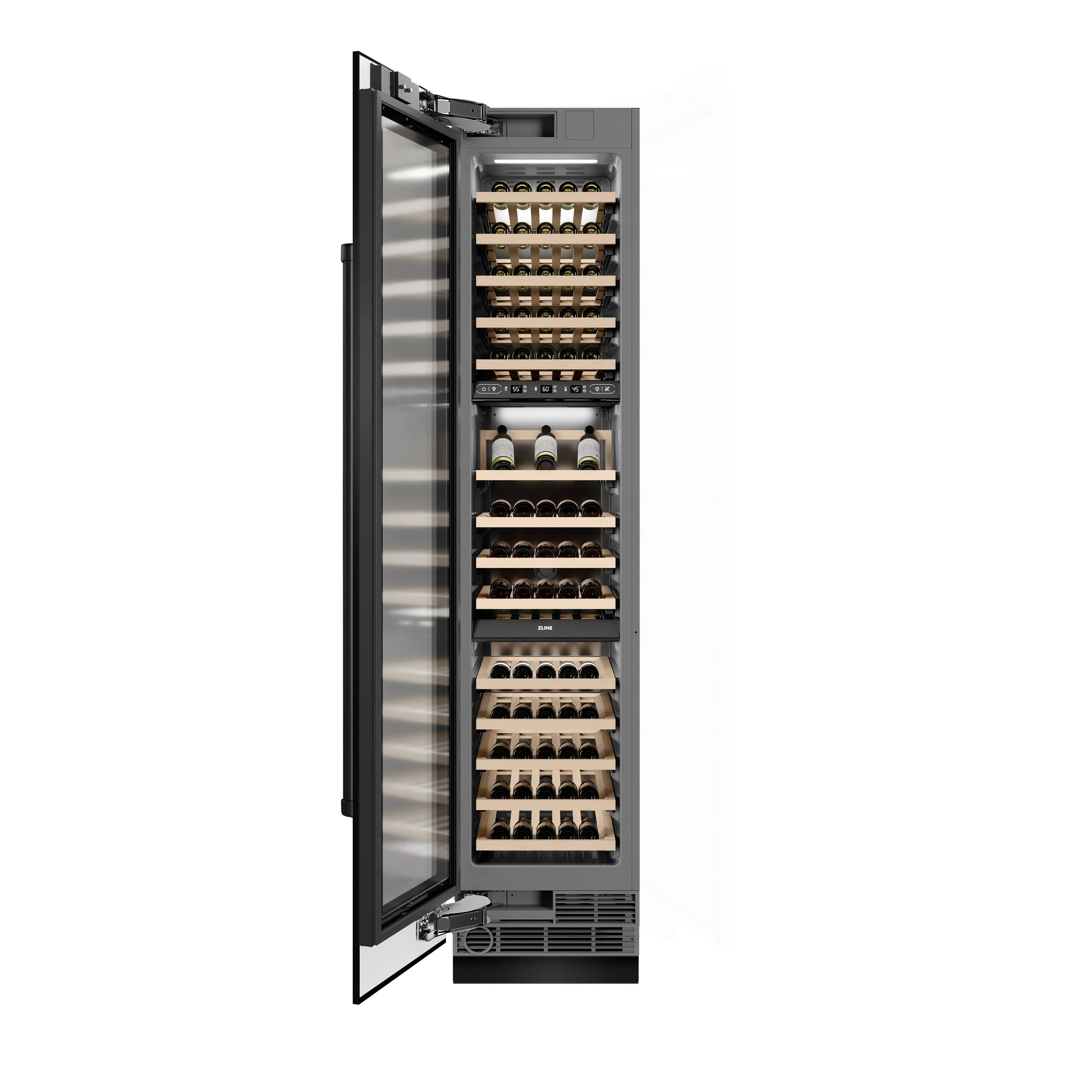 Black stainless steel wine cooler with open door and bottles on wood racks