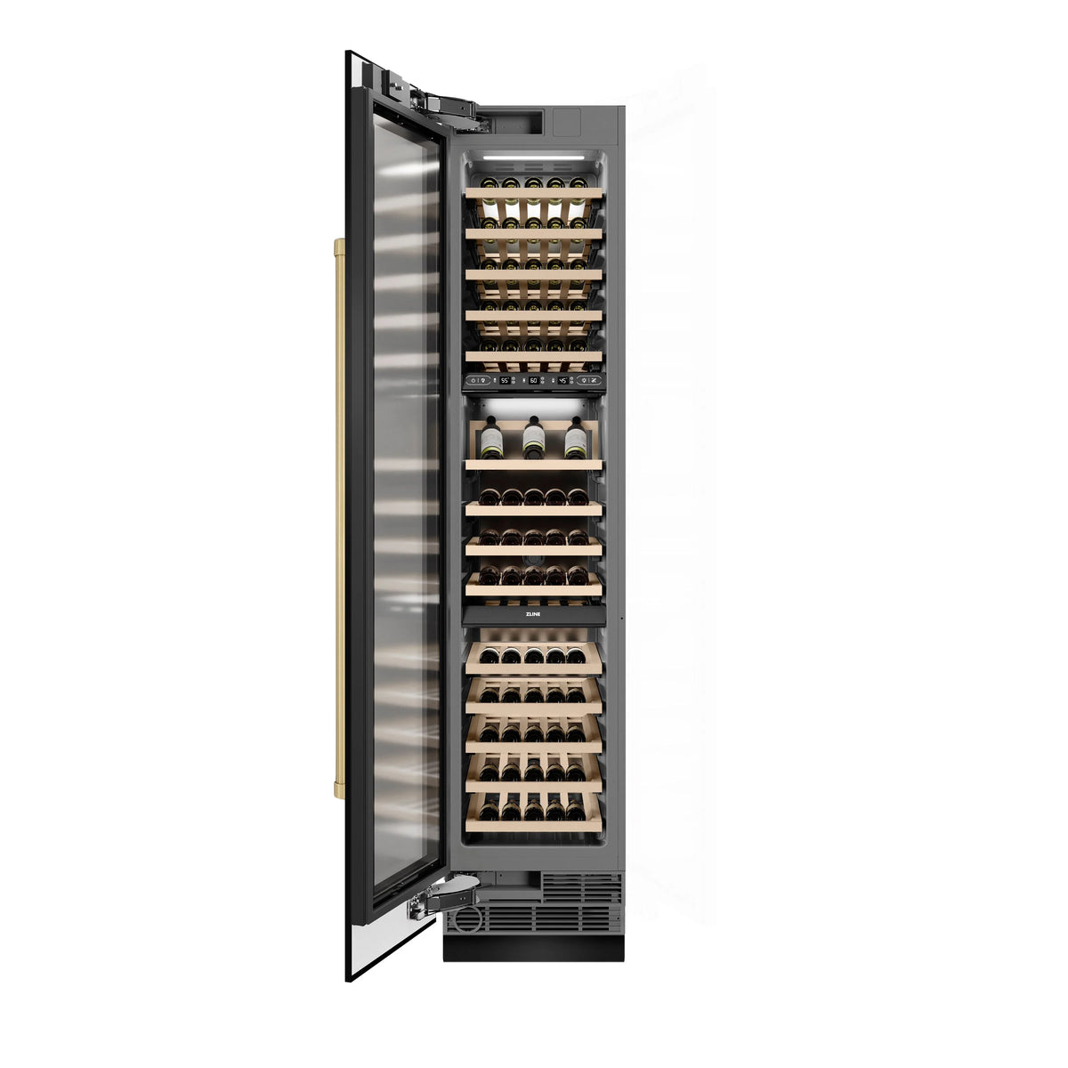 Black built-in wine cooler open door showing wine bottle storage racks