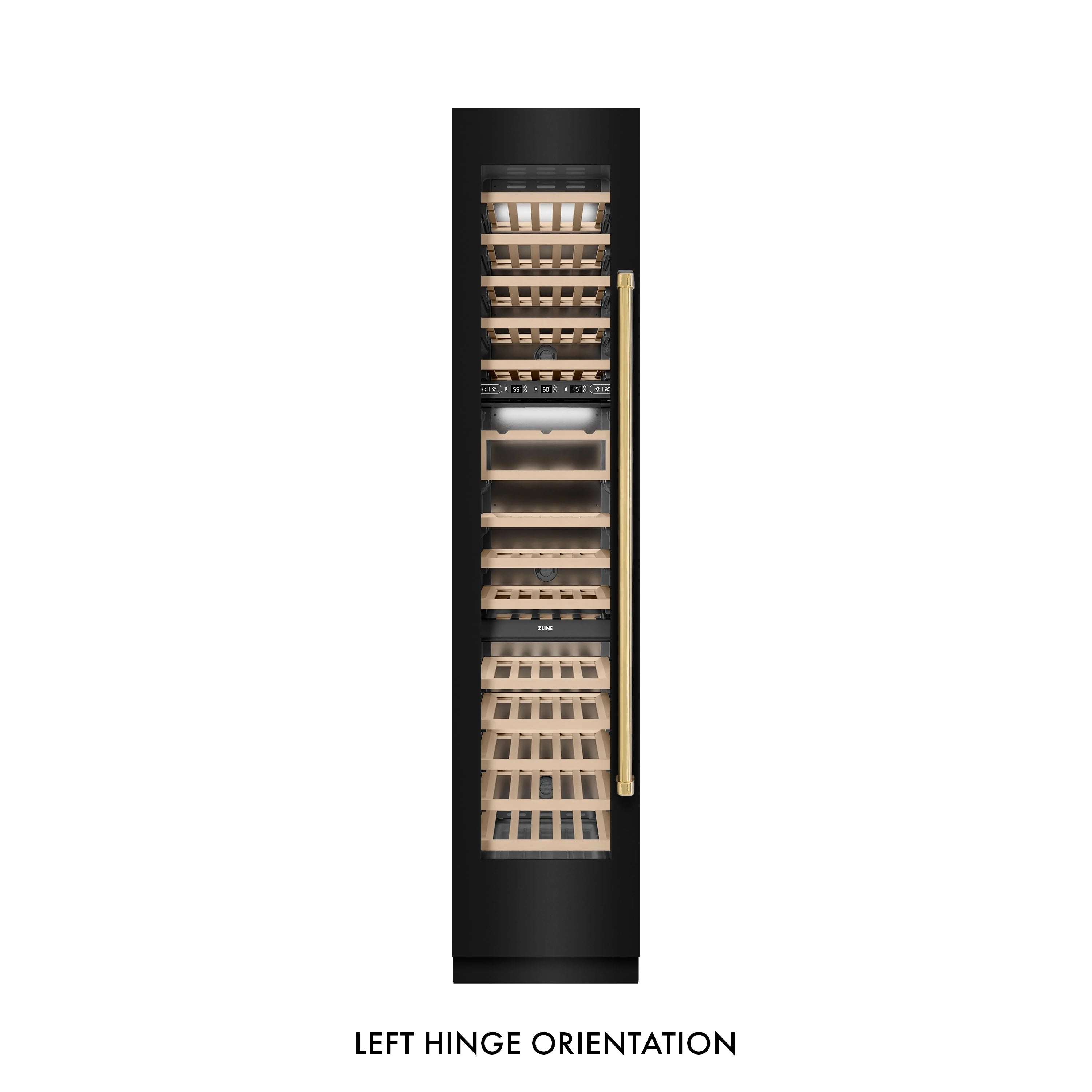 Black wine cooler with left-hinged door showing light wood racks and gold handle
