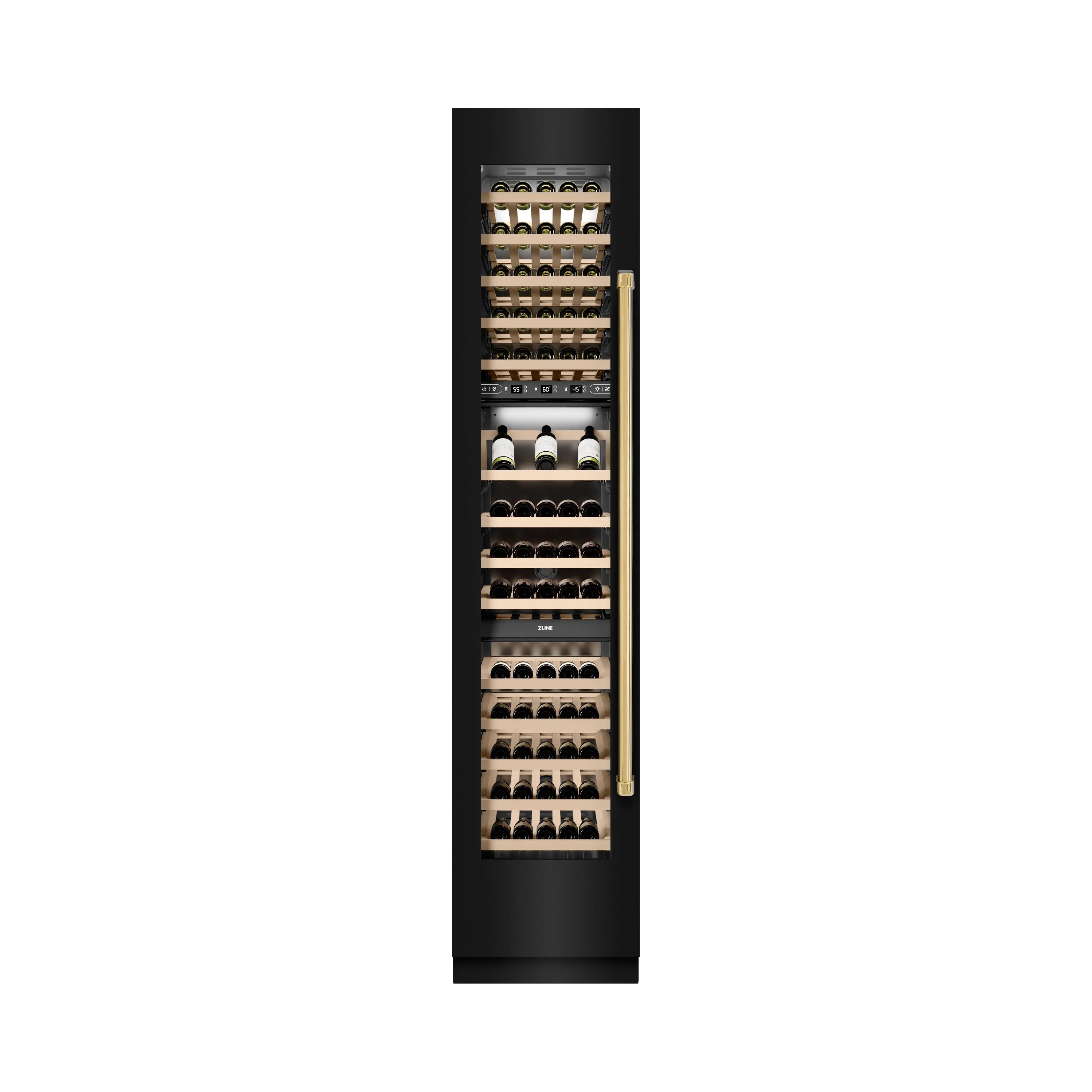 Black wine cooler with visible racks and gold handle, stocked with wine bottles