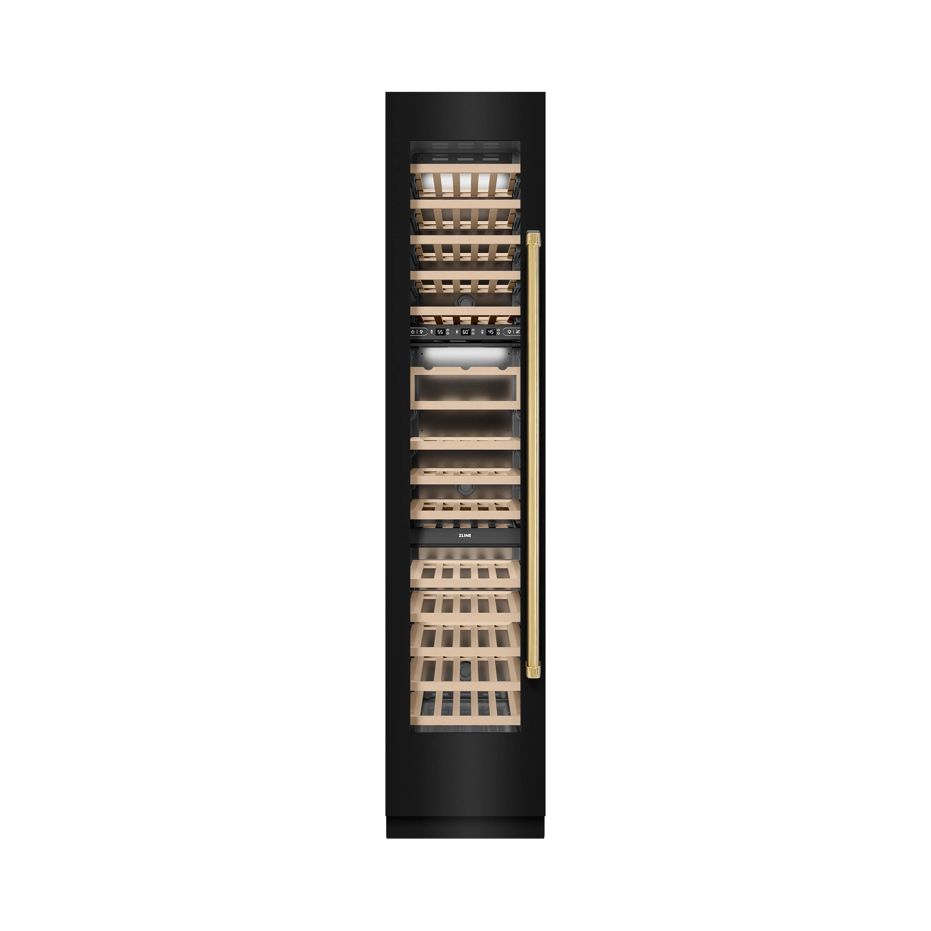 Black wine cooler with open door showing light wood racks and gold handle