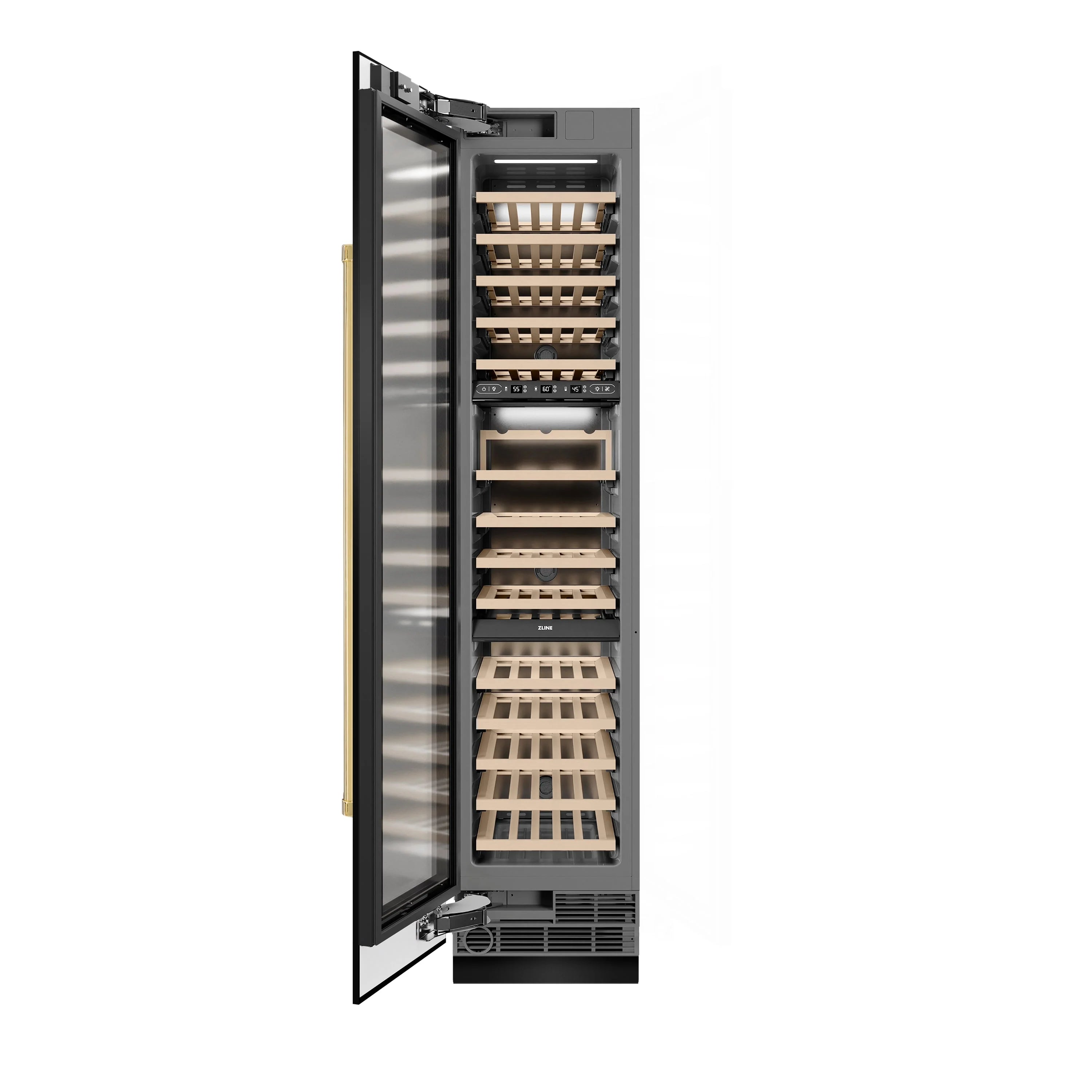 Wine cooler with open door revealing light wood shelves and bottle racks