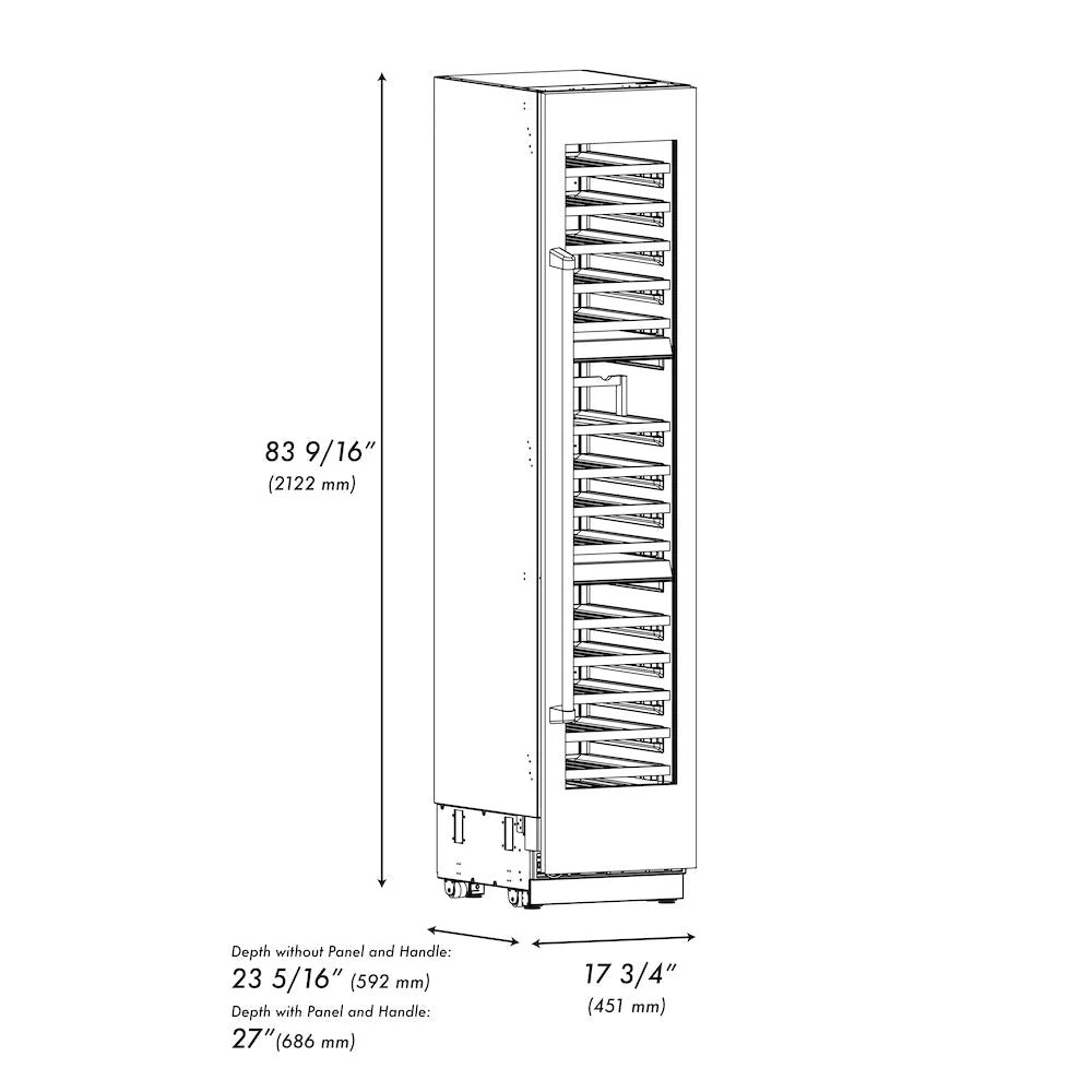 Black stainless steel 18-inch column wine cooler with pull-out racks, shown open.