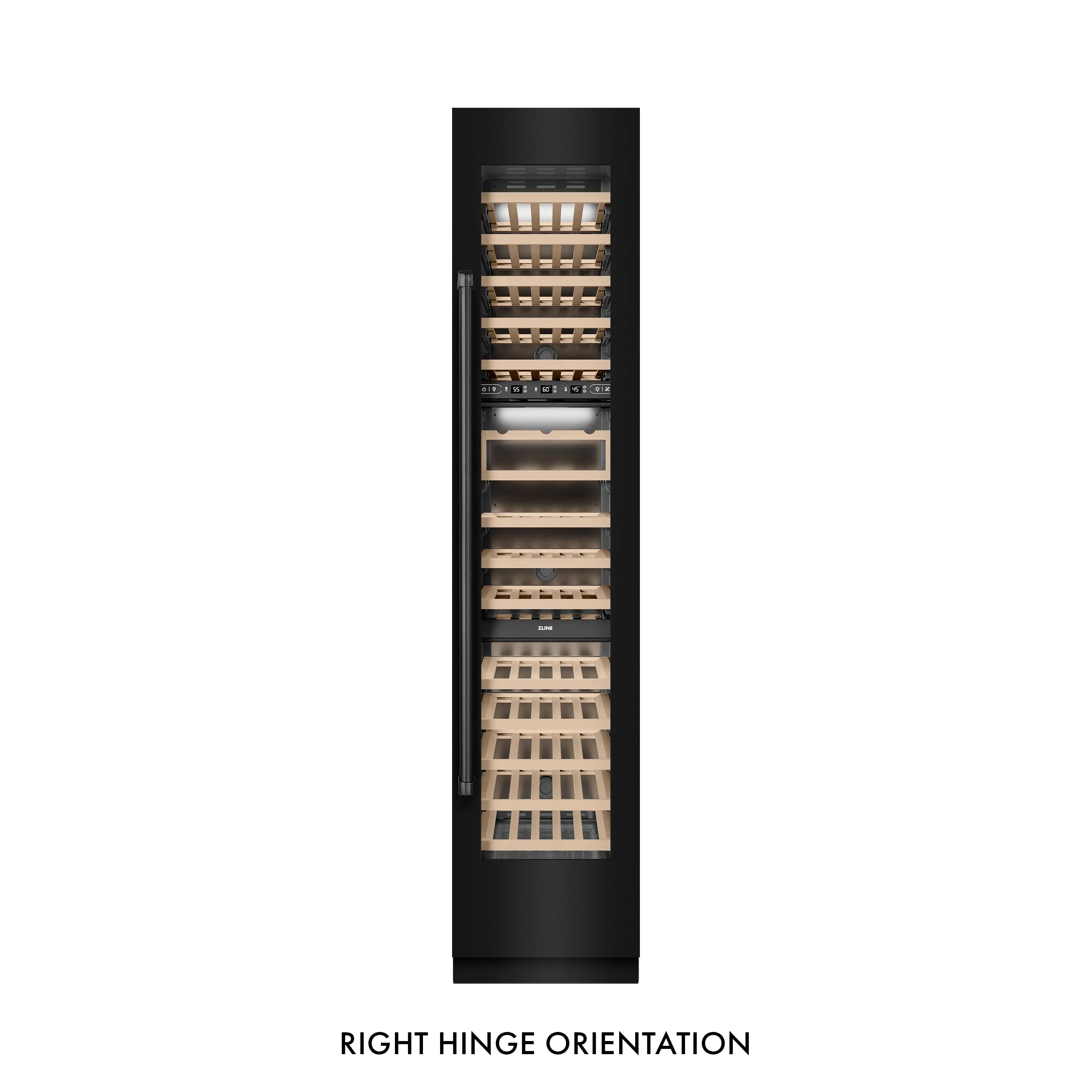 Black column wine cooler with right-hinged open door and stacked bottle racks.