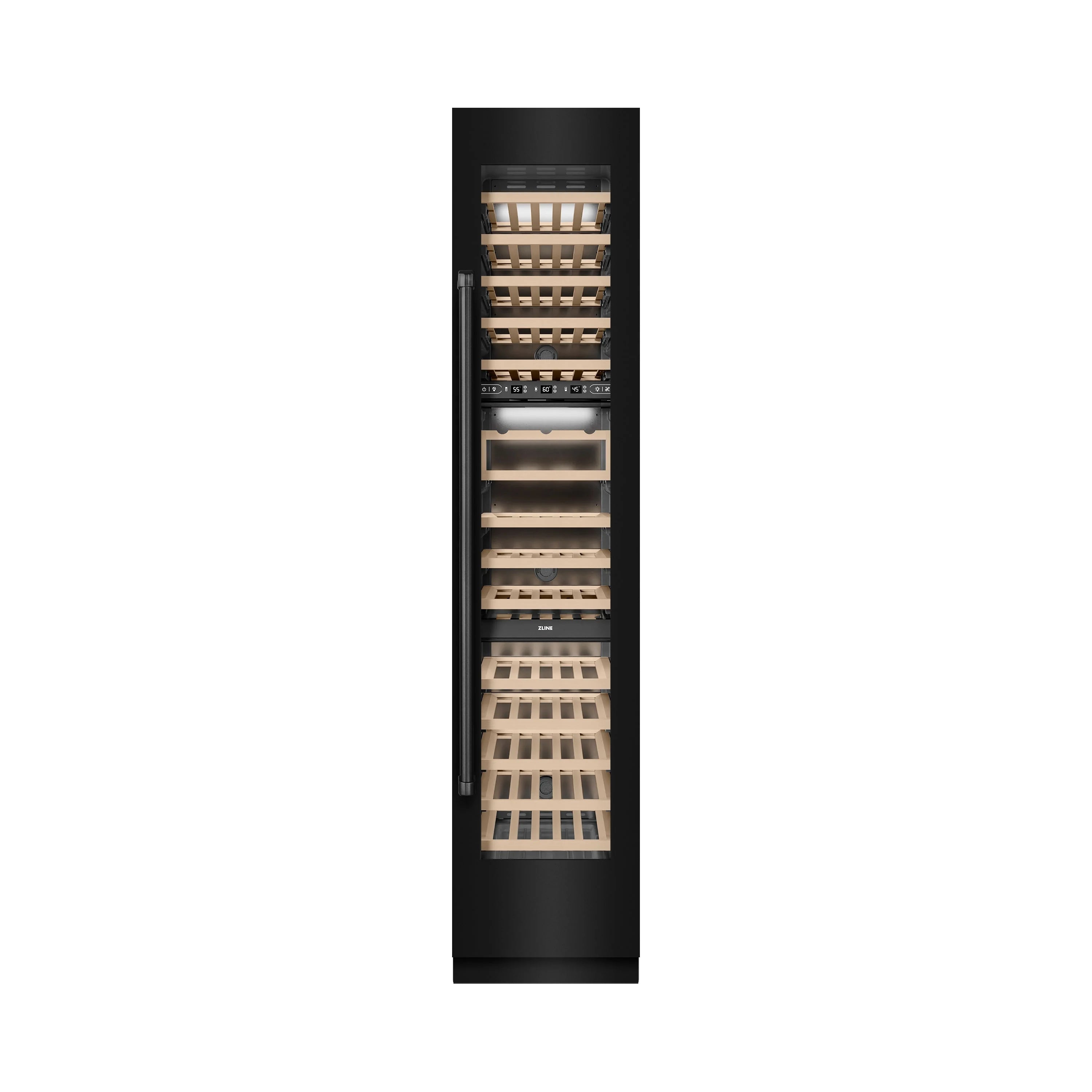 Black column wine cooler with interior racks and bottle storage, front view.
