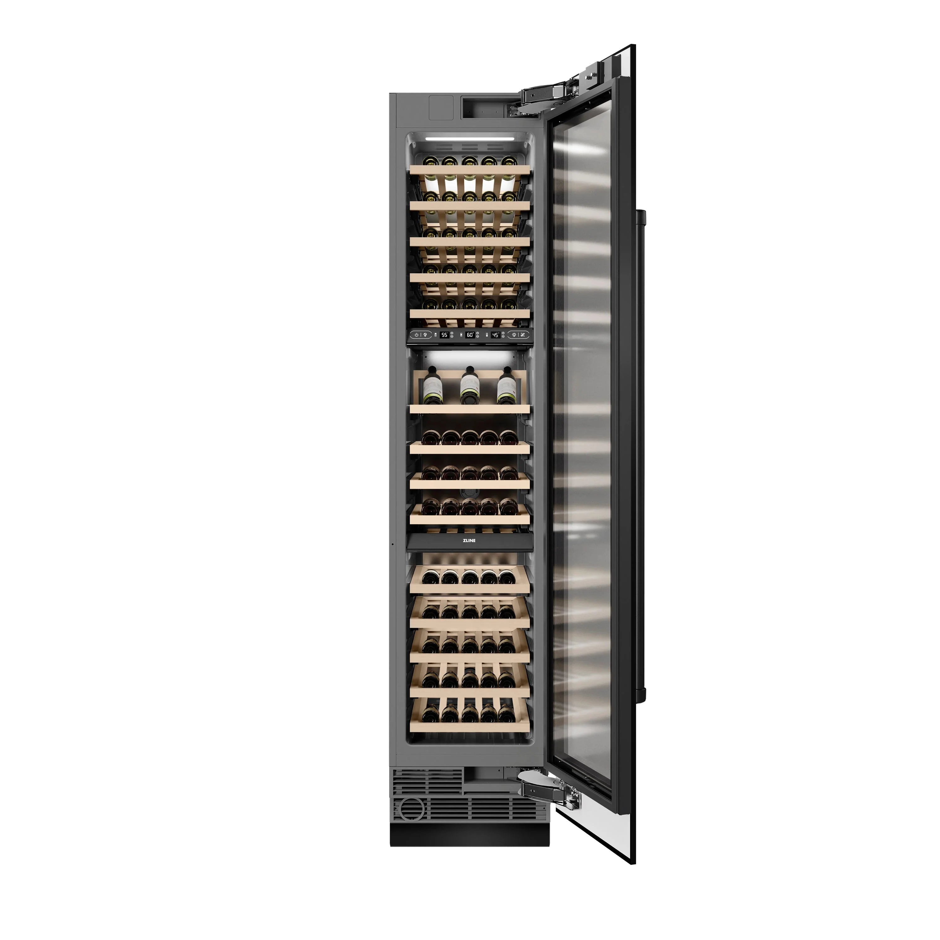 Open black column wine cooler with stainless door panel and stocked wine racks.