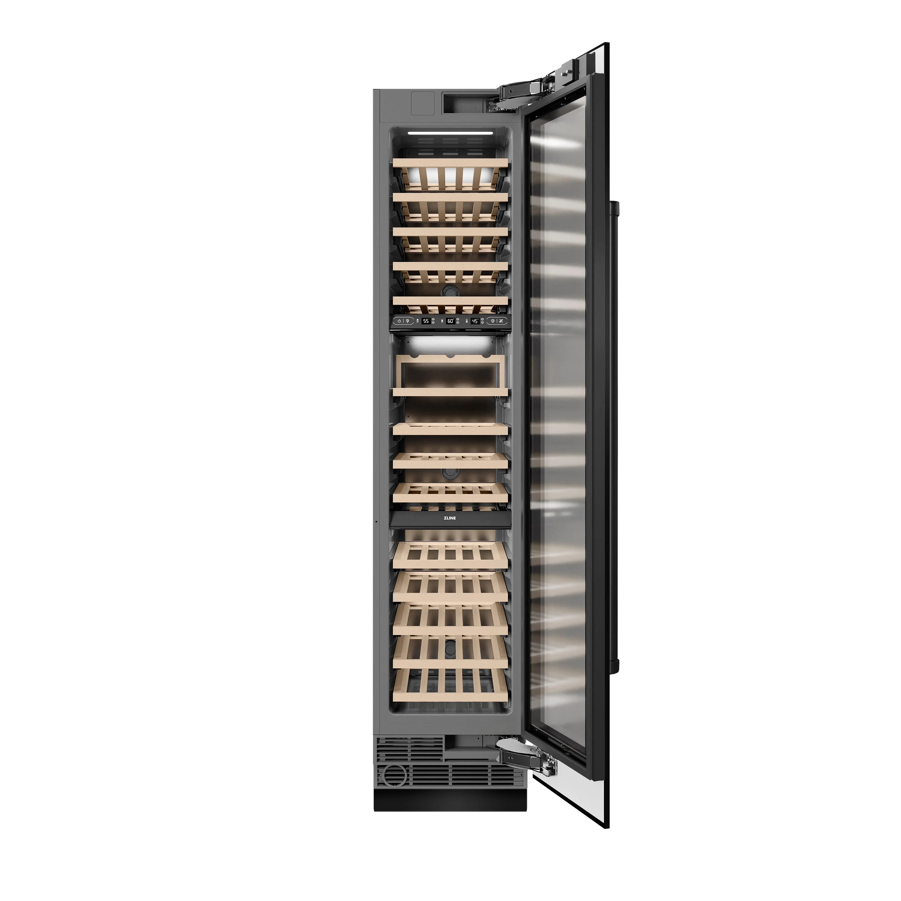 Black stainless steel column wine cooler with open door and wood wine racks.