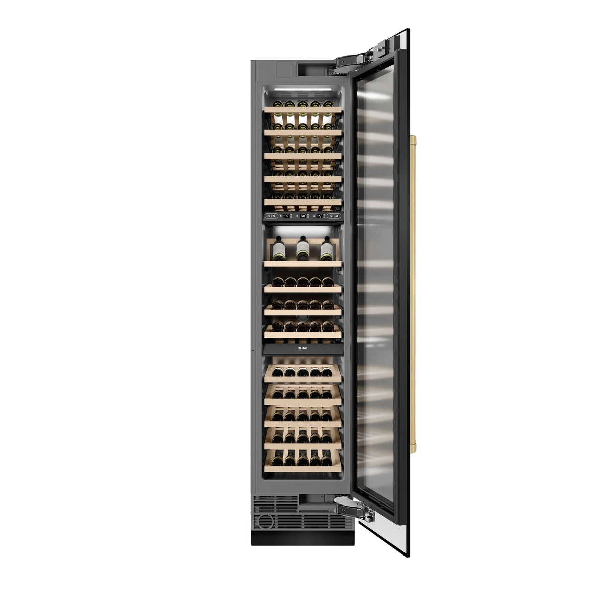 Open black stainless wine cooler with wine bottles on racks and door fully opened