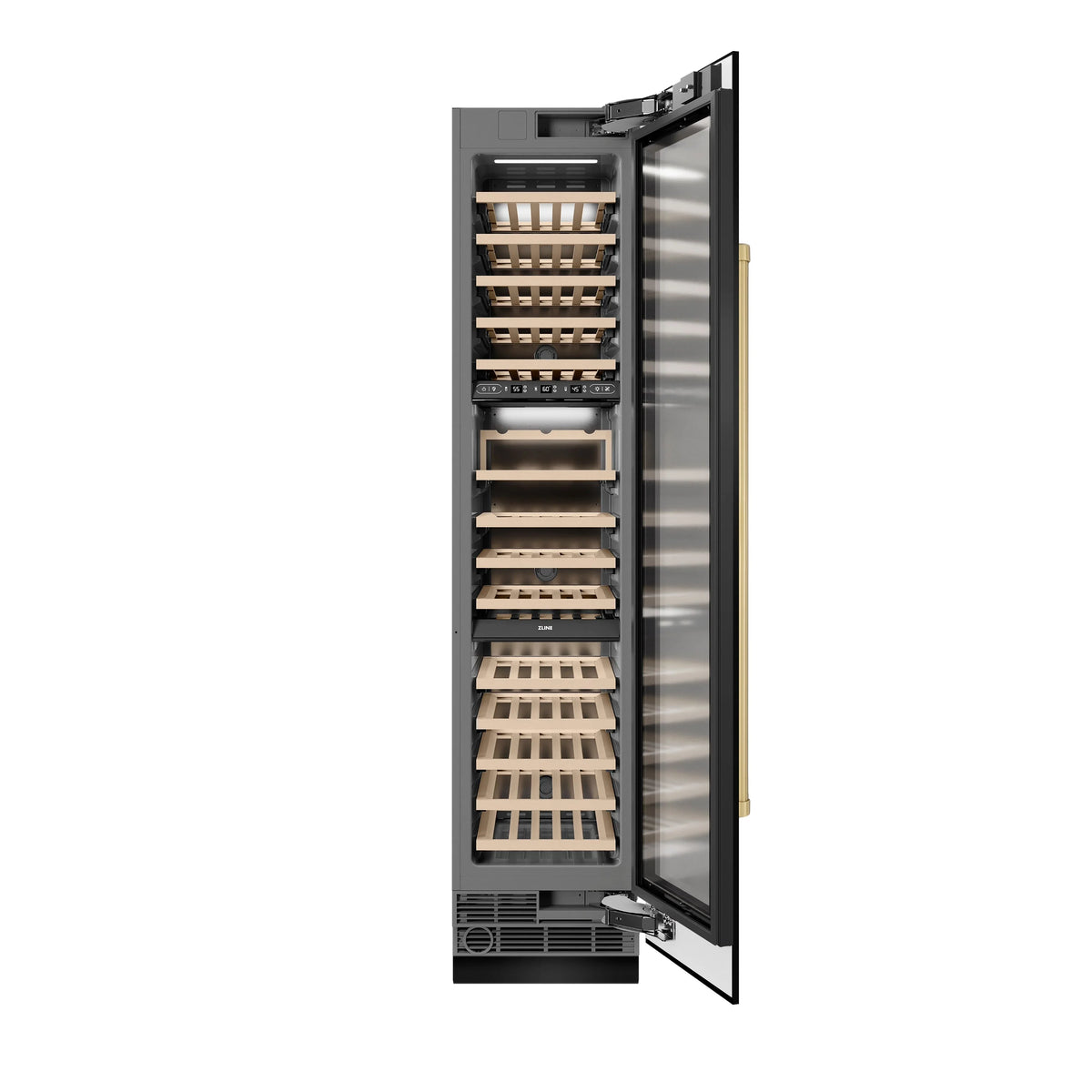 Open black stainless wine cooler with shelves visible and door swung out
