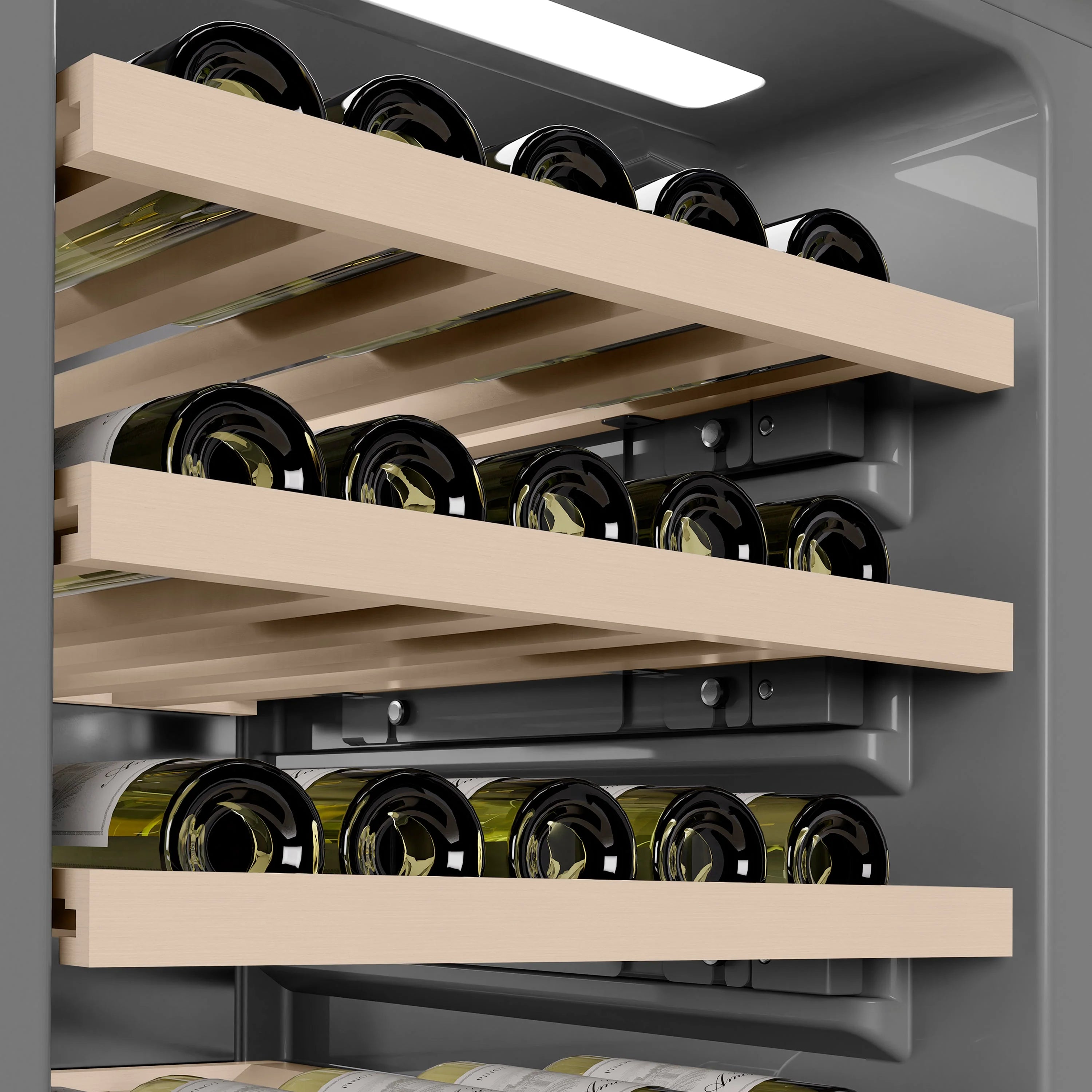 Wine cooler interior with pull-out racks holding bottles, black and wood