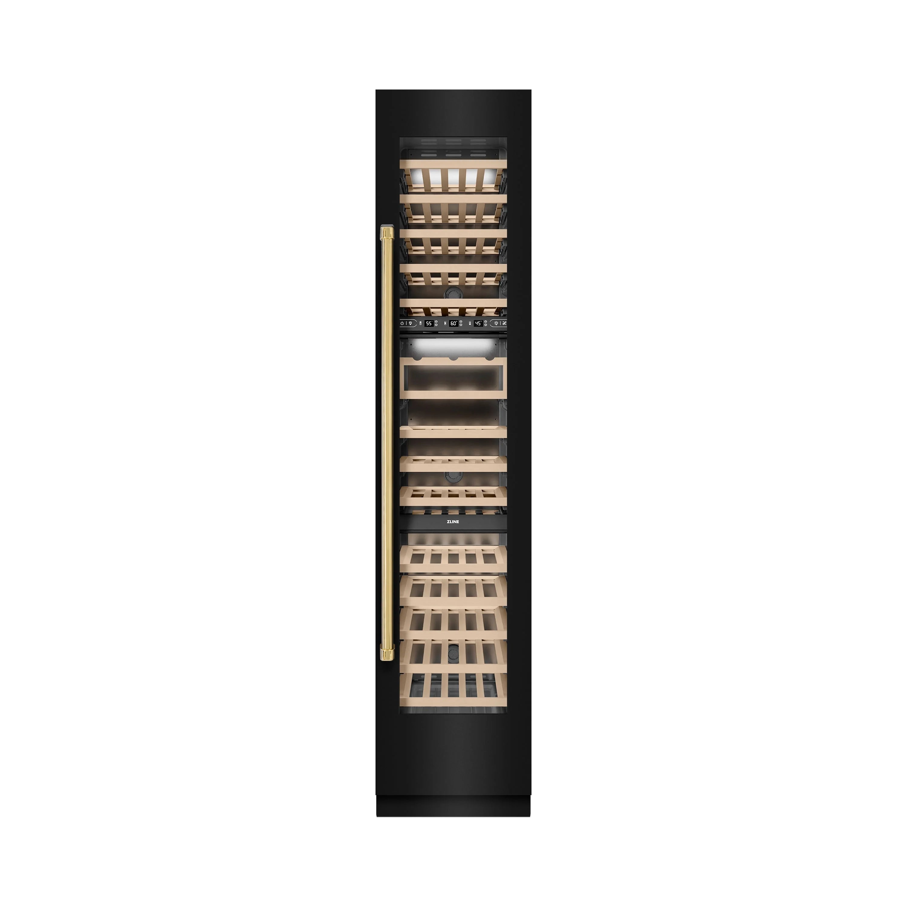 Black wine cooler with polished gold vertical handle and glass front