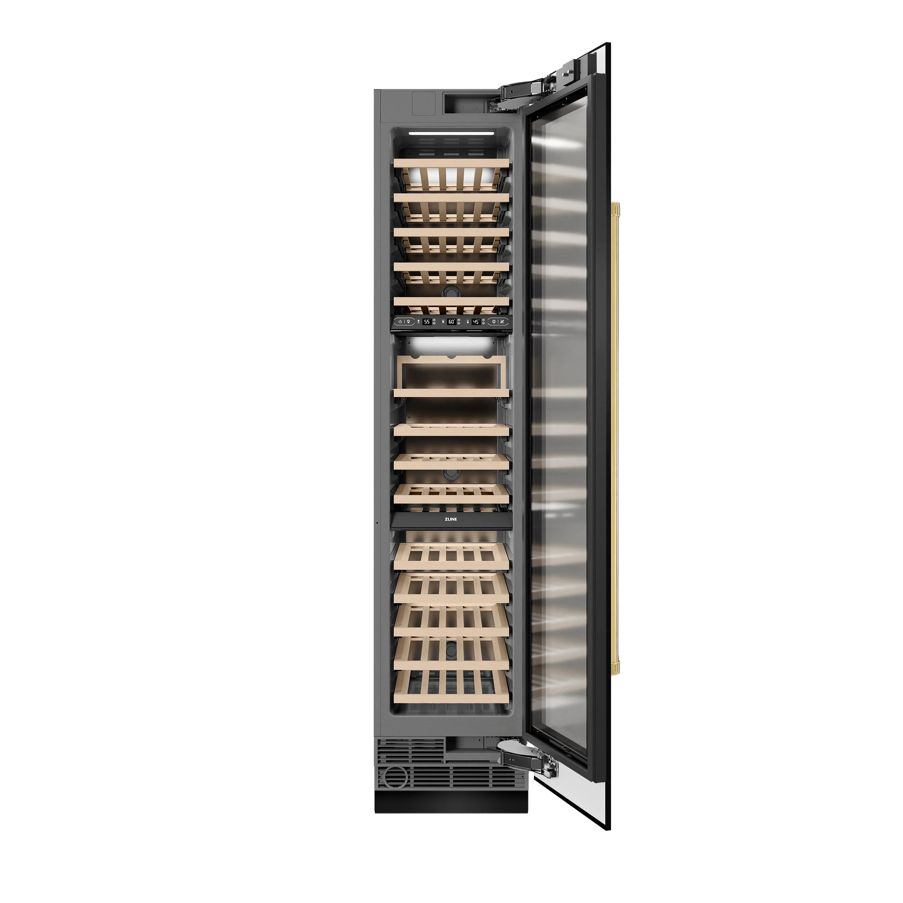 Wine cooler with door open, stainless interior racks and glass door exterior