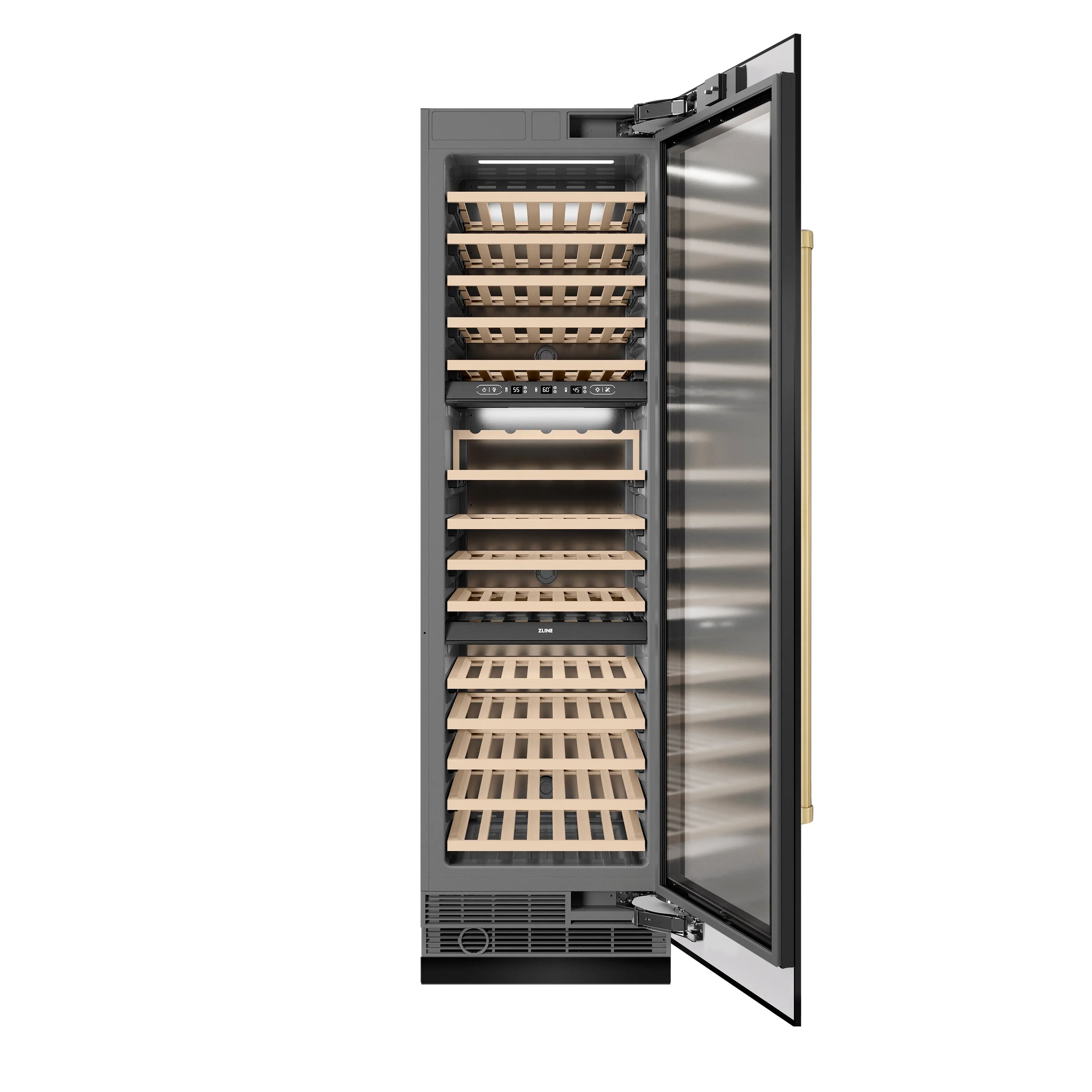 Wine cooler with open door revealing interior shelves and ventilation grille at bottom