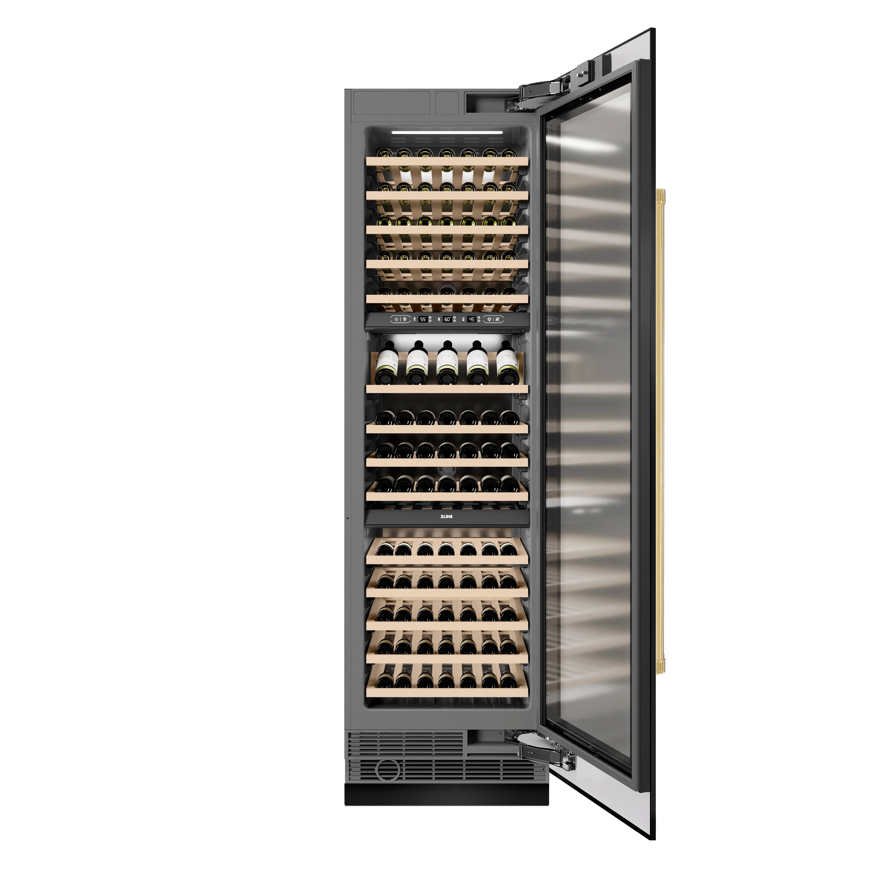 Black stainless wine cooler door open with light wood racks holding bottles.