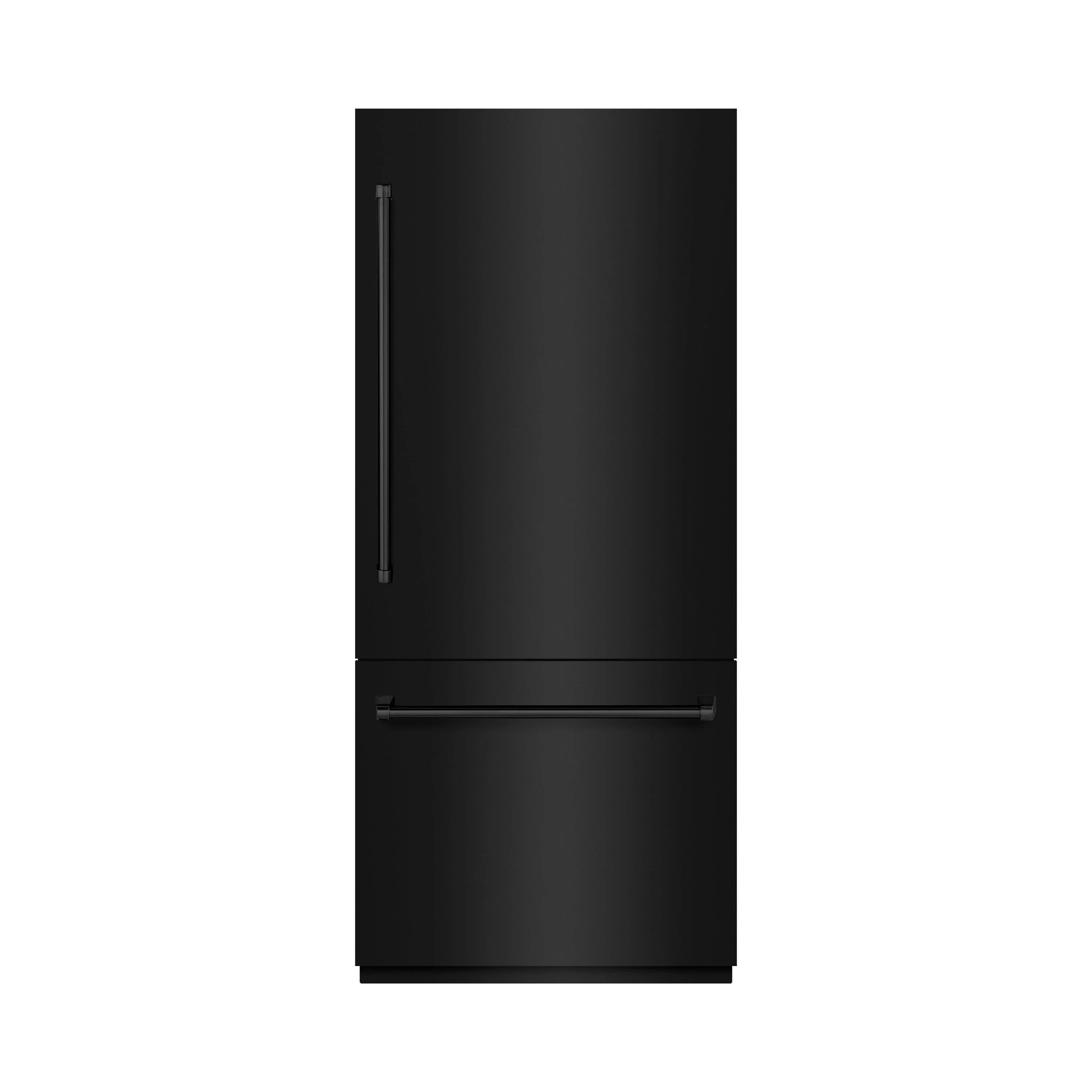 Black stainless steel bottom freezer refrigerator with side vertical handle and freezer drawer