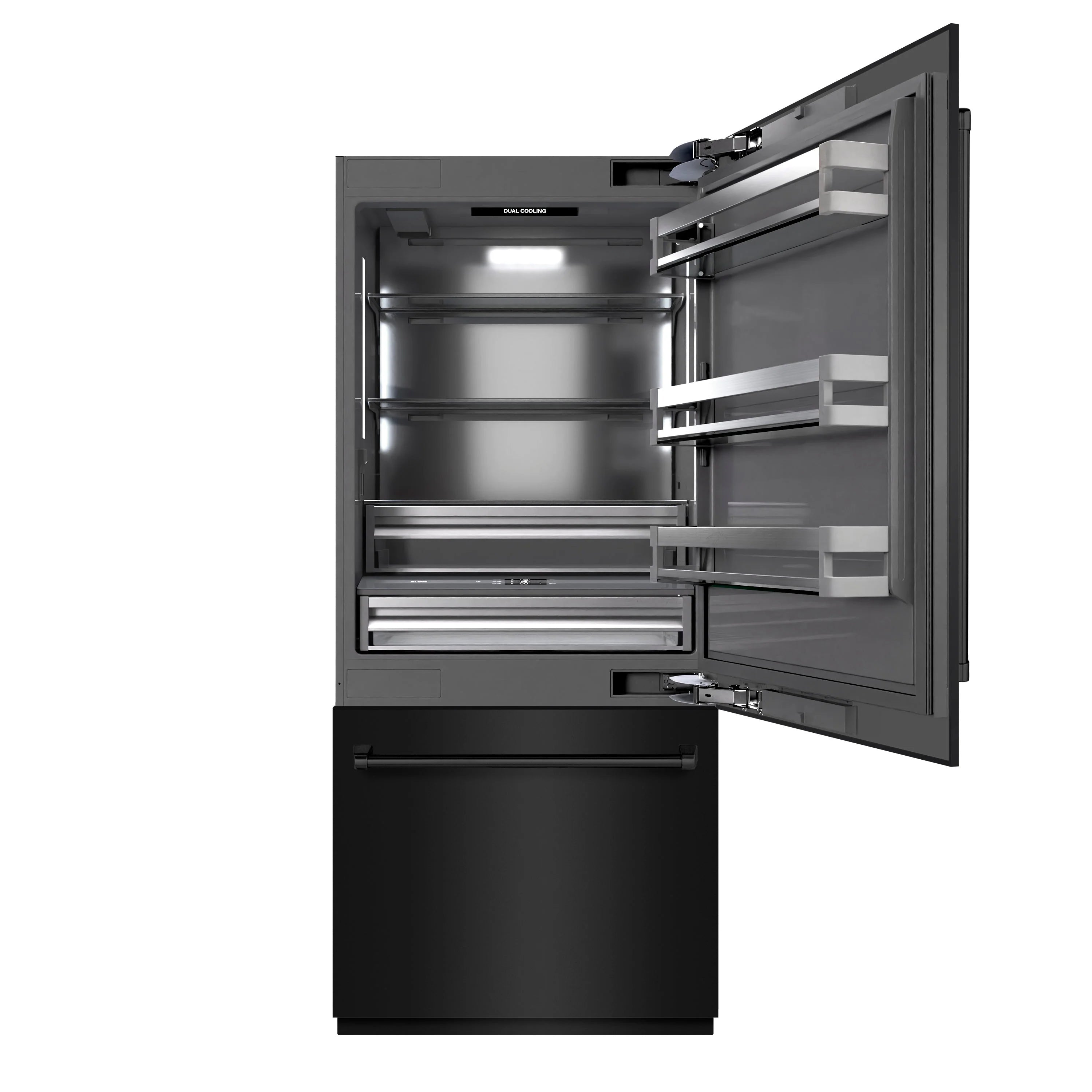 Built-in bottom freezer refrigerator with open door, gray interior shelves, and freezer drawer