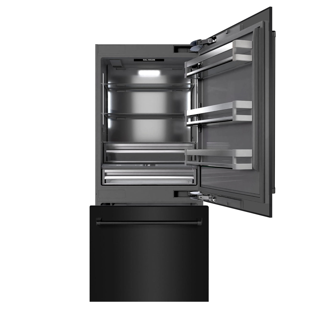 Bottom freezer refrigerator with open doors, adjustable interior shelves, and slide-out freezer drawer