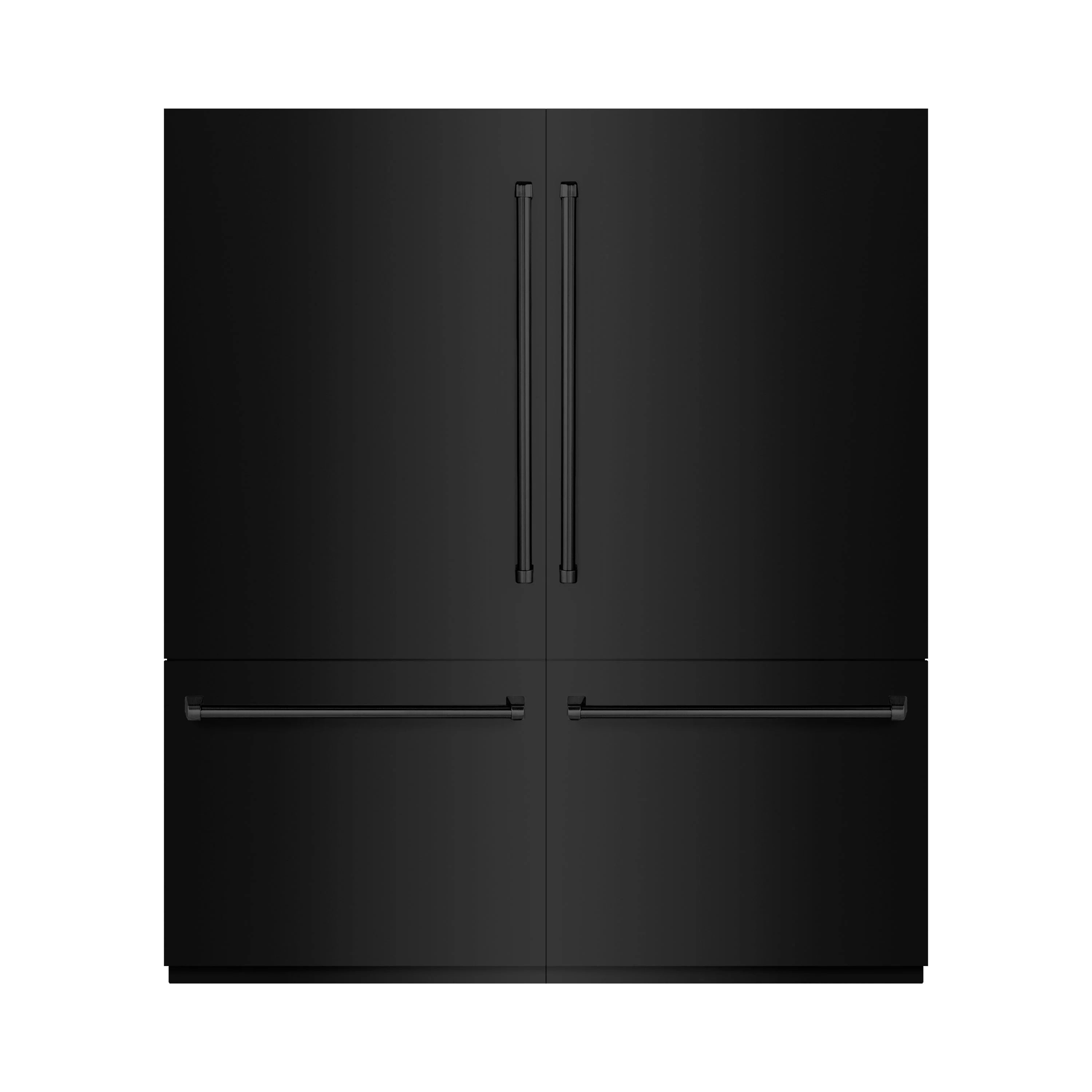Black stainless French door refrigerator with bottom freezer and vertical dispenser handles.