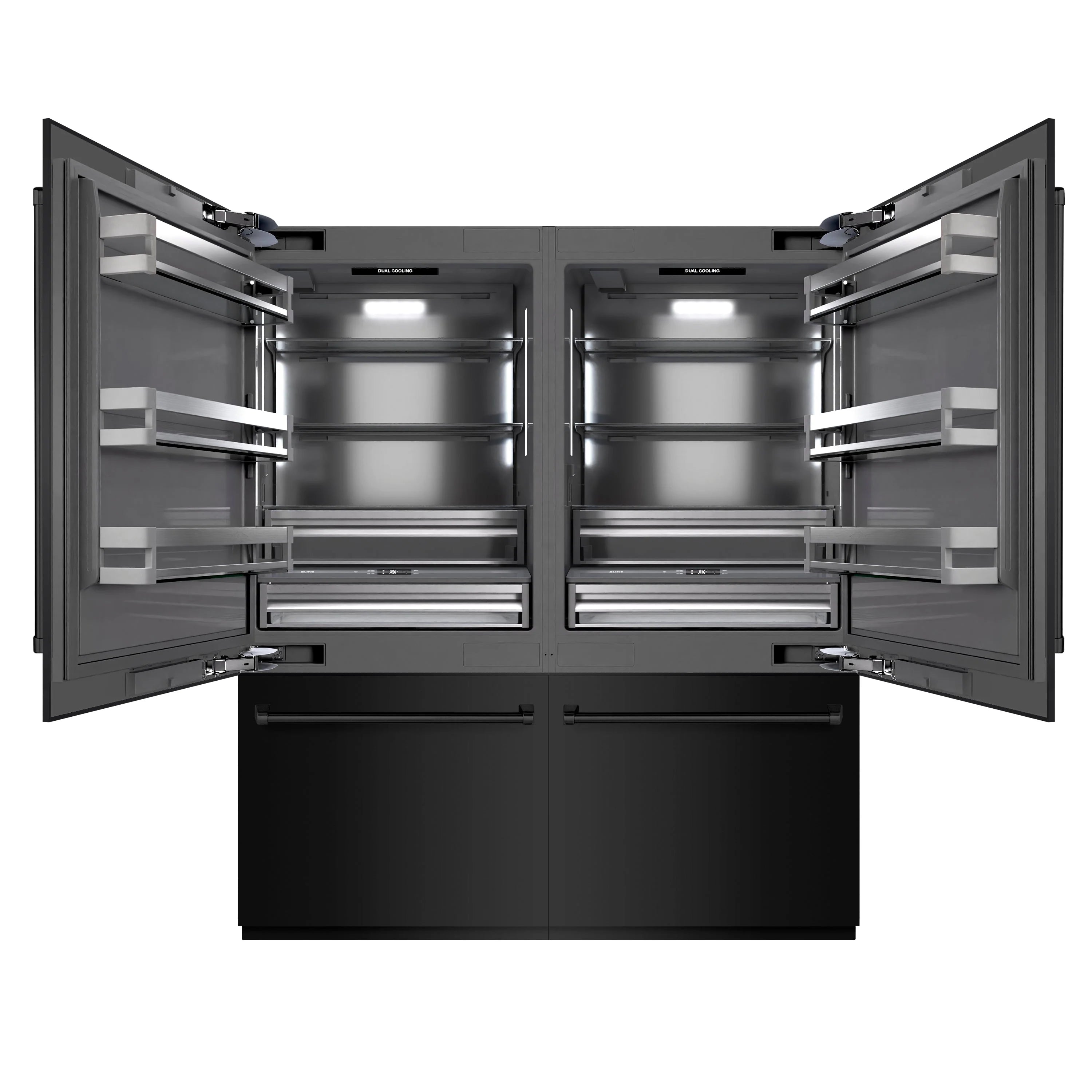 Built-in French door bottom freezer refrigerator with both doors open, shelves, and drawers visible.