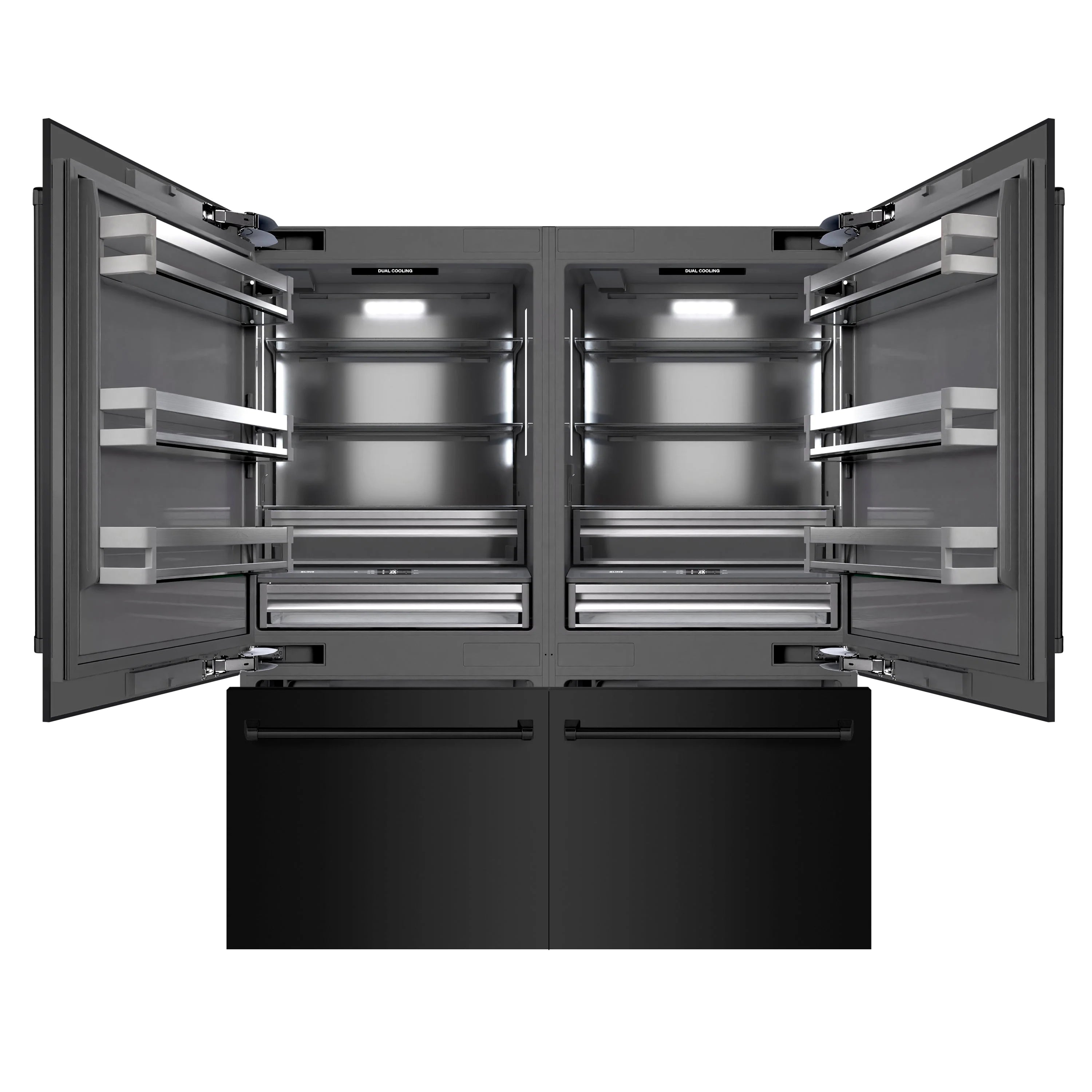 Built-in French door bottom freezer refrigerator with open compartments, shelves, and freezer drawers.