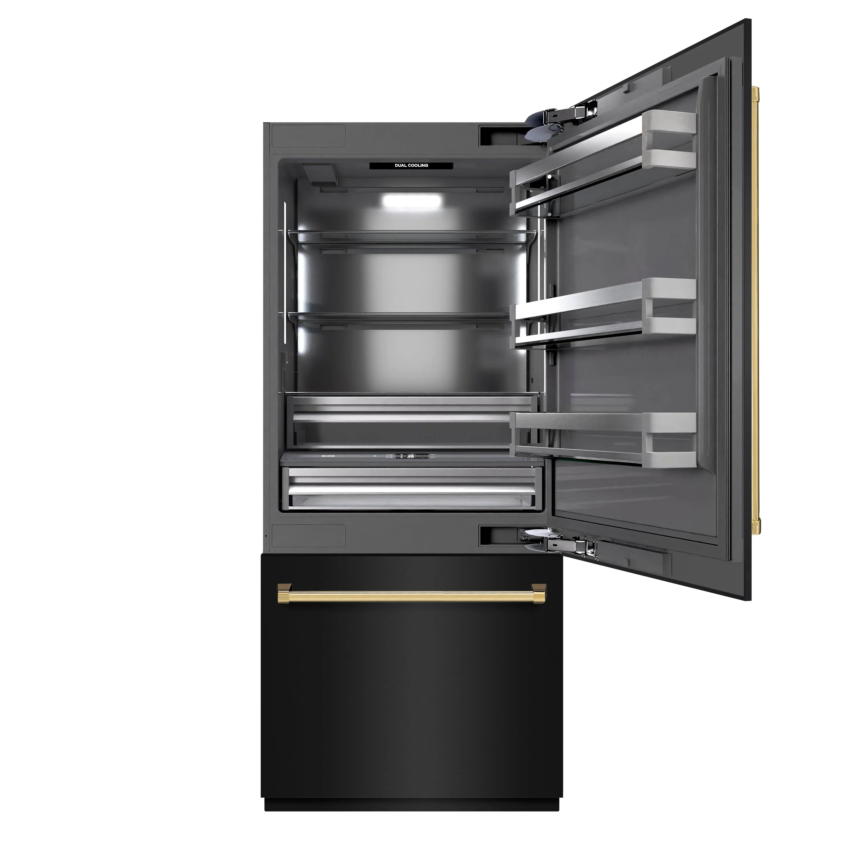 Refrigerator with open doors showing shelving and bottom freezer drawer with gold accent