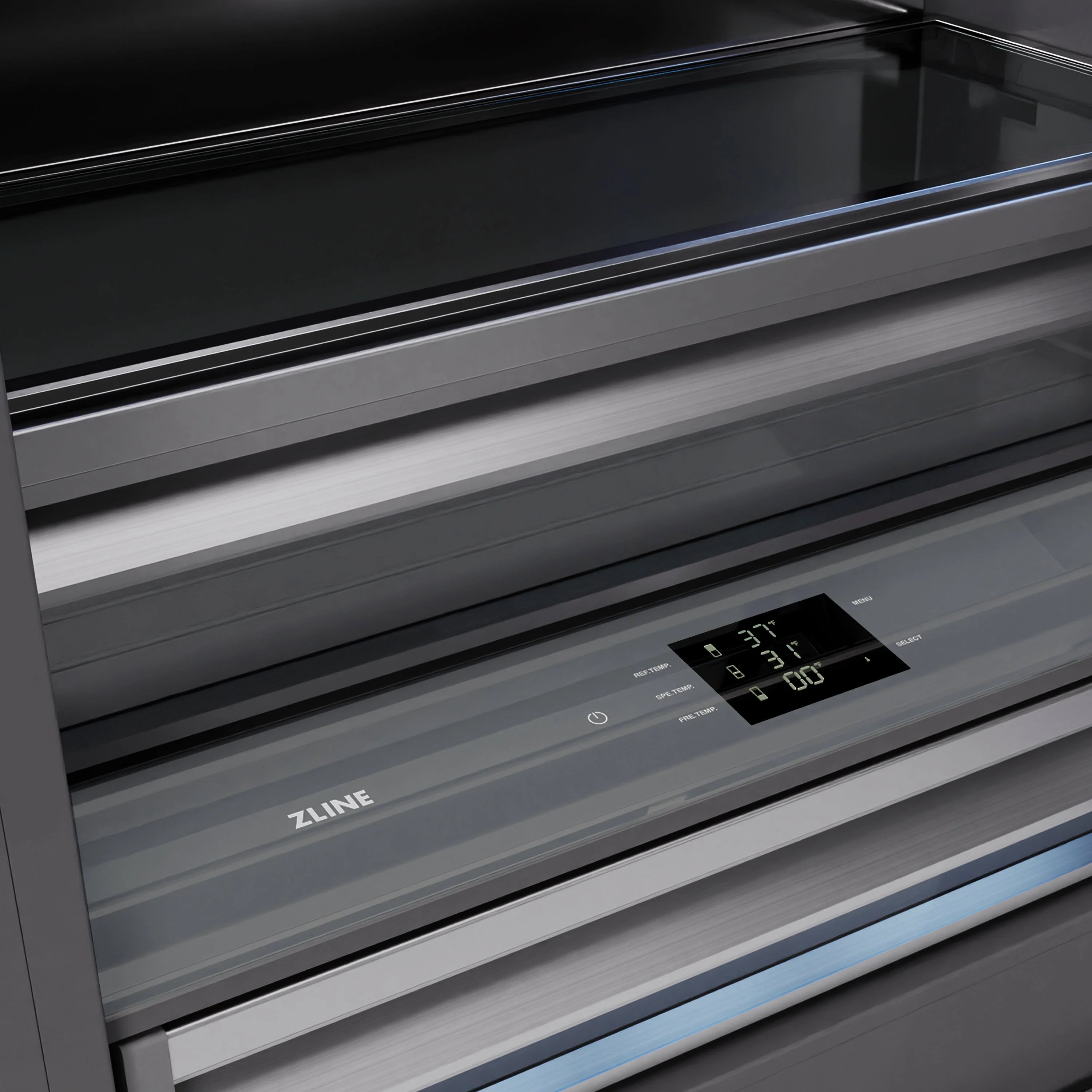 Black stainless refrigerator control panel with digital display and ZLINE logo