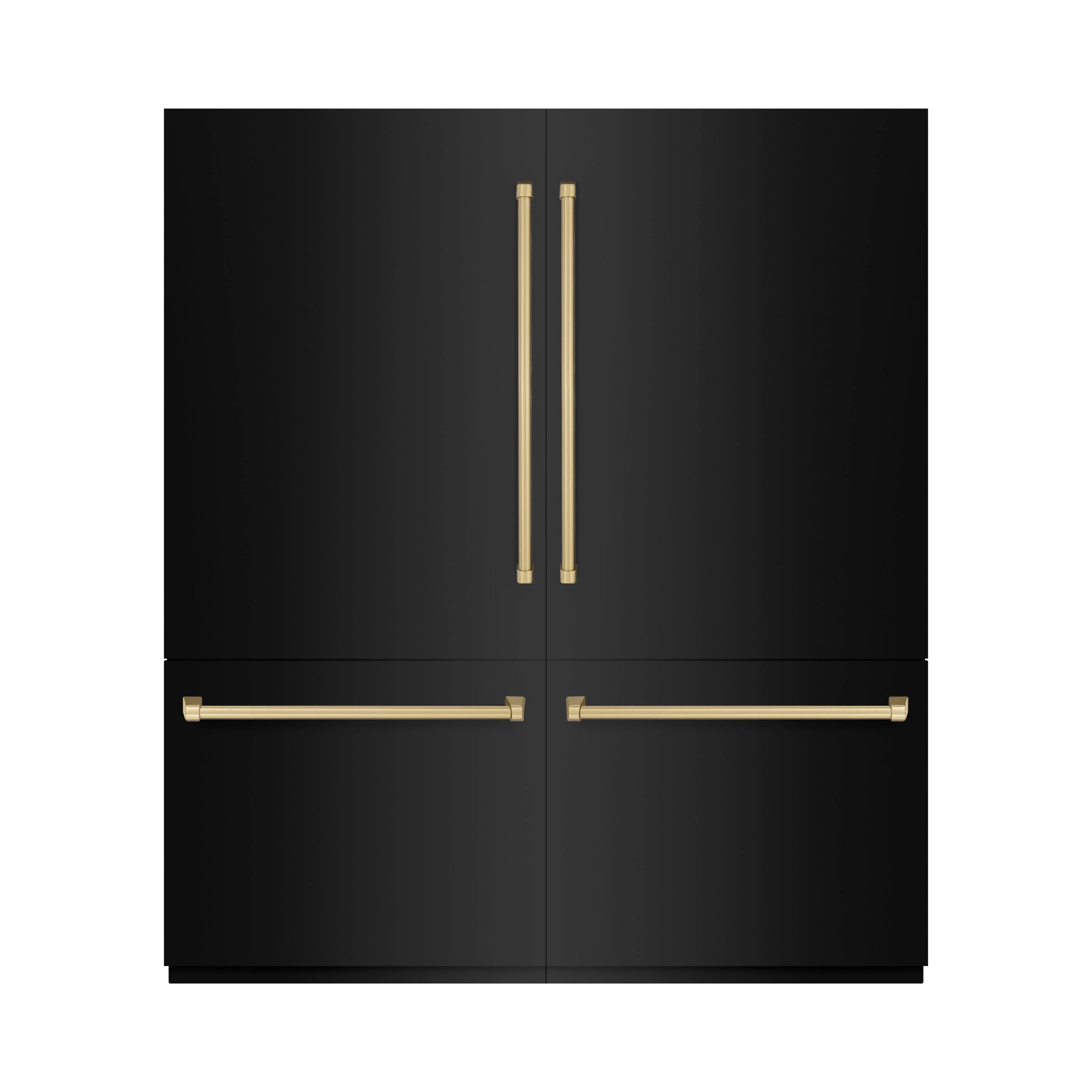 Black stainless French door refrigerator with champagne bronze handle accents