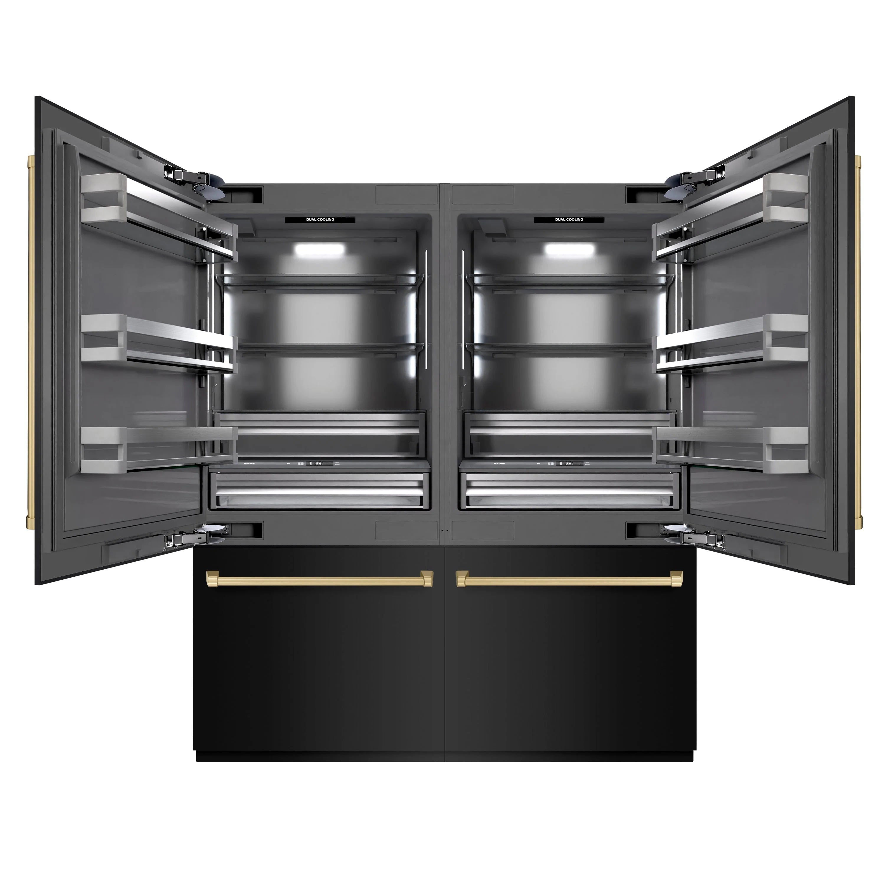 French door bottom freezer refrigerator, open interior with champagne bronze handles and gray shelves